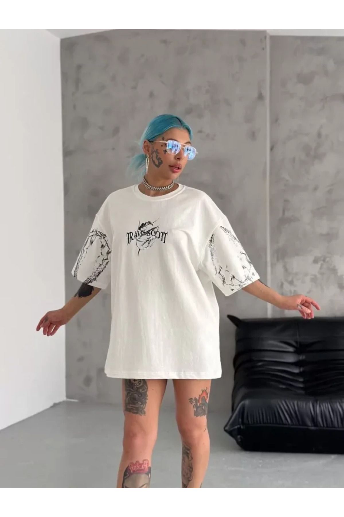 ATOM84 Unisex Bisiklet Yaka Baskılı Oversize T-Shirt - Beyaz