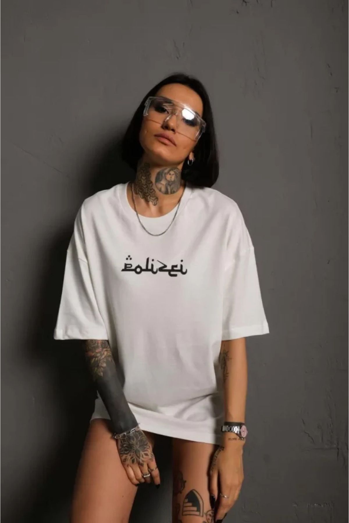 Albayrak Bisiklet Yakalı Sırt Baskılı Oversize T-Shirt - Beyaz