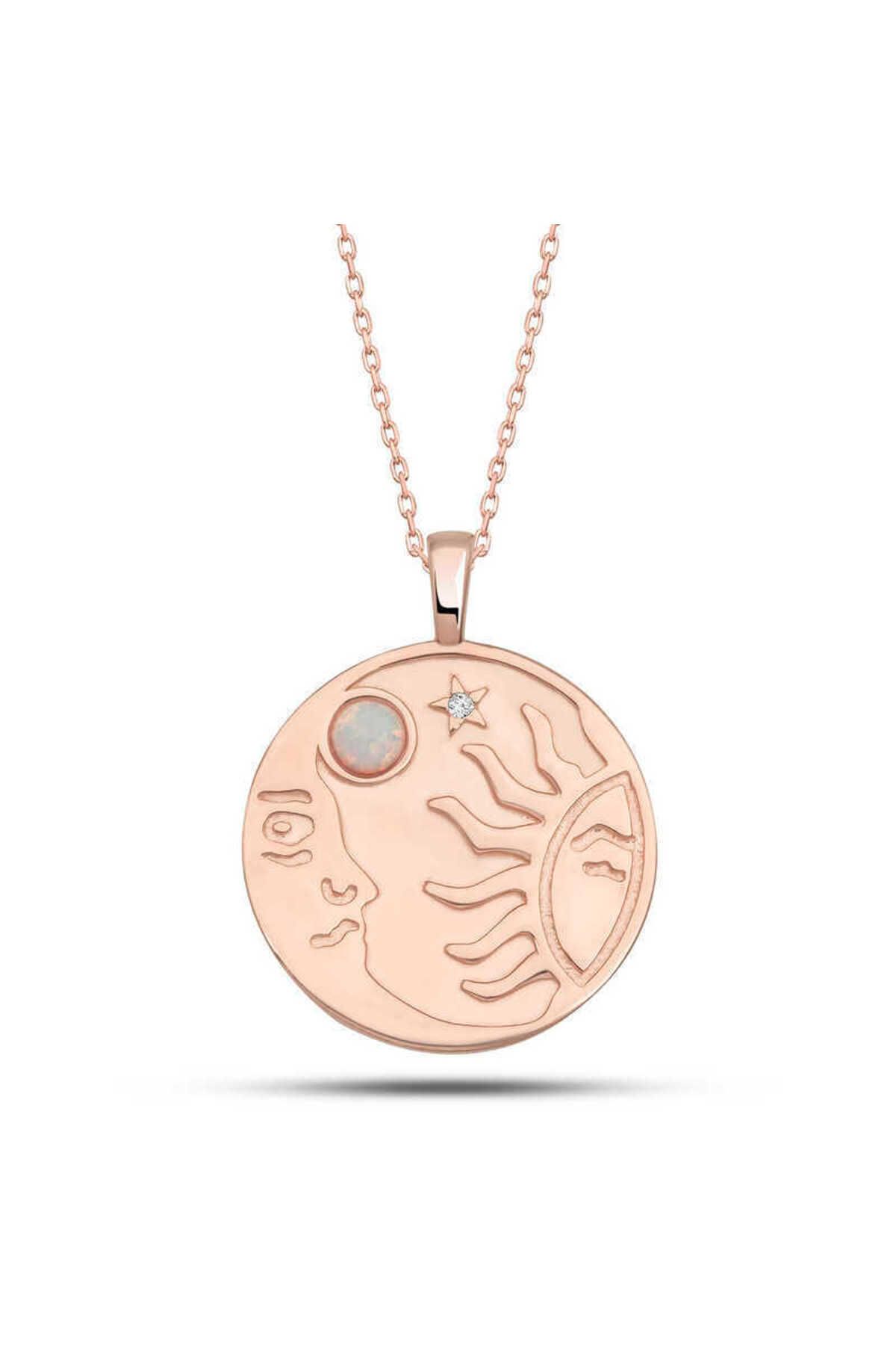 SANSERA 925 Ayar Gümüş Rose Opal Beyaz Taşlı Ay Güneş Kadın Kolye