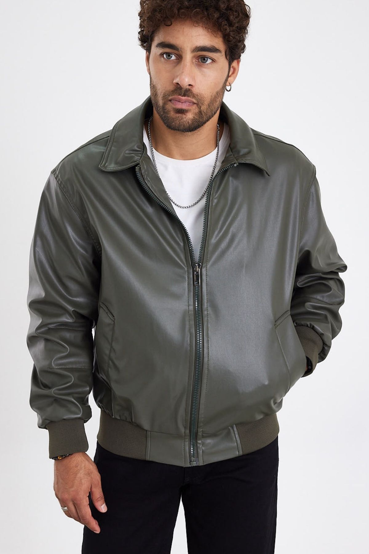 MADZEYMODA-New Season Men's Khaki Green Leather Coat Mz58529 7