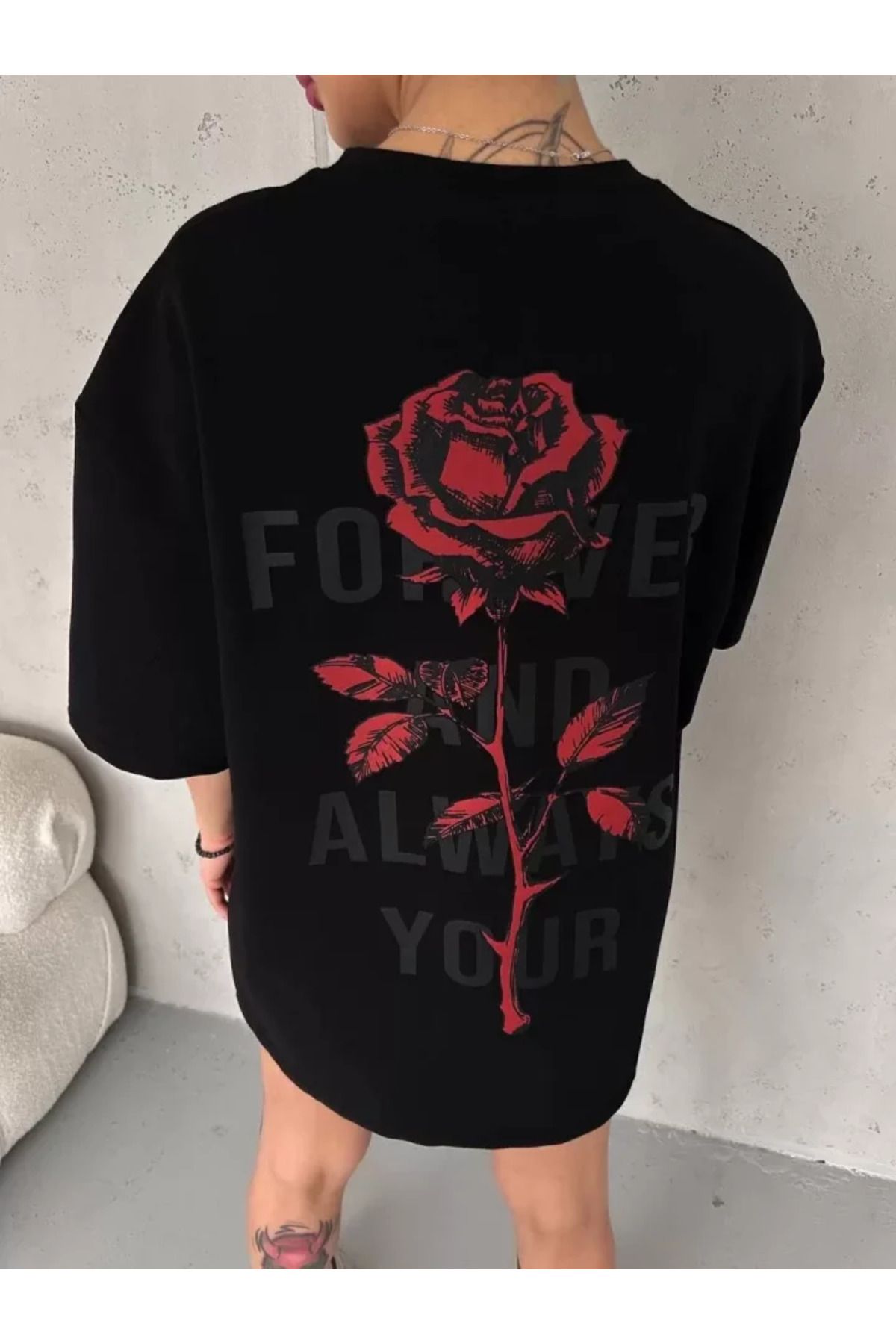 Albayrak Unisex Bisiklet Yaka Baskılı Oversize T-Shirt - Siyah