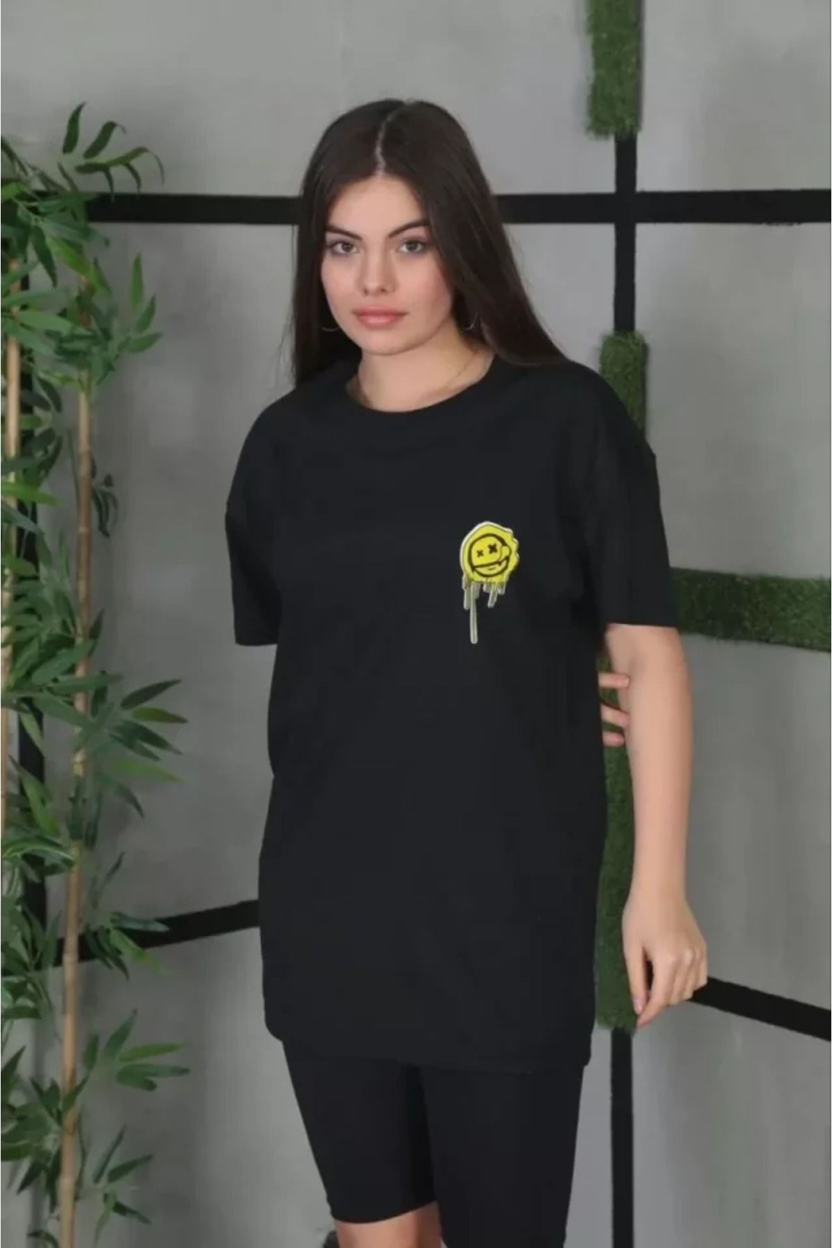 ATOM84 Unisex Bisiklet Yaka Baskılı Oversize T-Shirt - Siyah