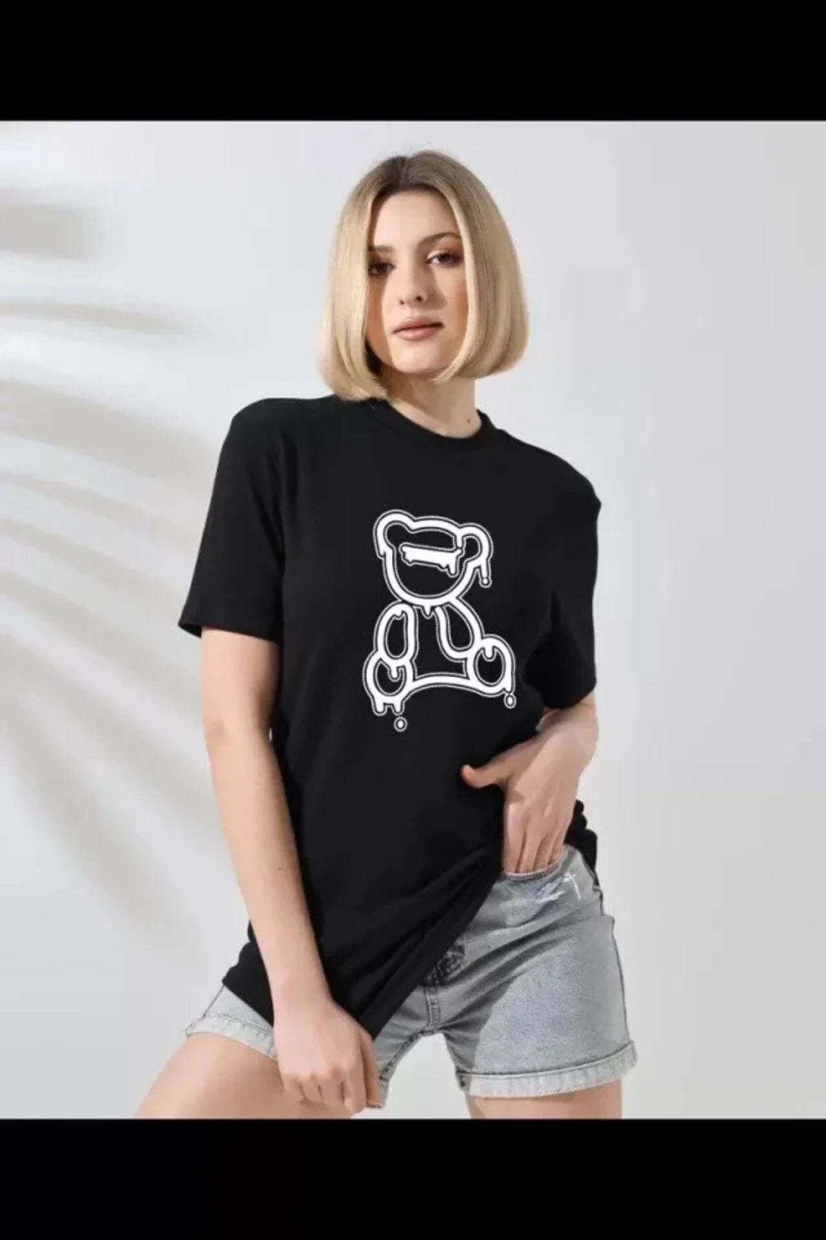 ATOM84 Unisex Bisiklet Yaka Baskılı T-Shirt - Siyah