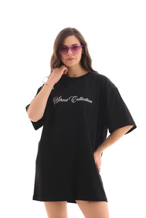 kendim fashion Unisex Bisiklet Yaka Baskılı Oversize T-Shirt - Siyah
