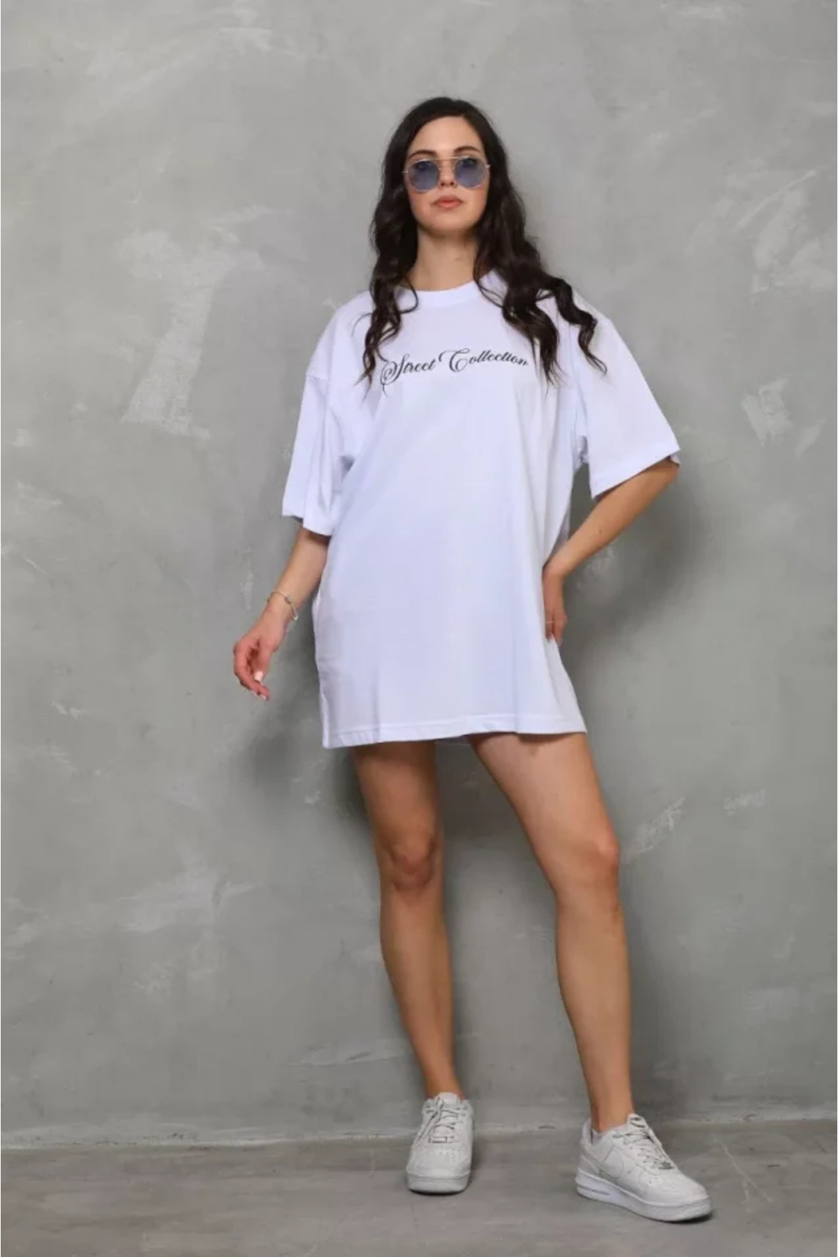 Unisex Bisiklet Yaka Baskılı Oversize T-shirt - Beyaz