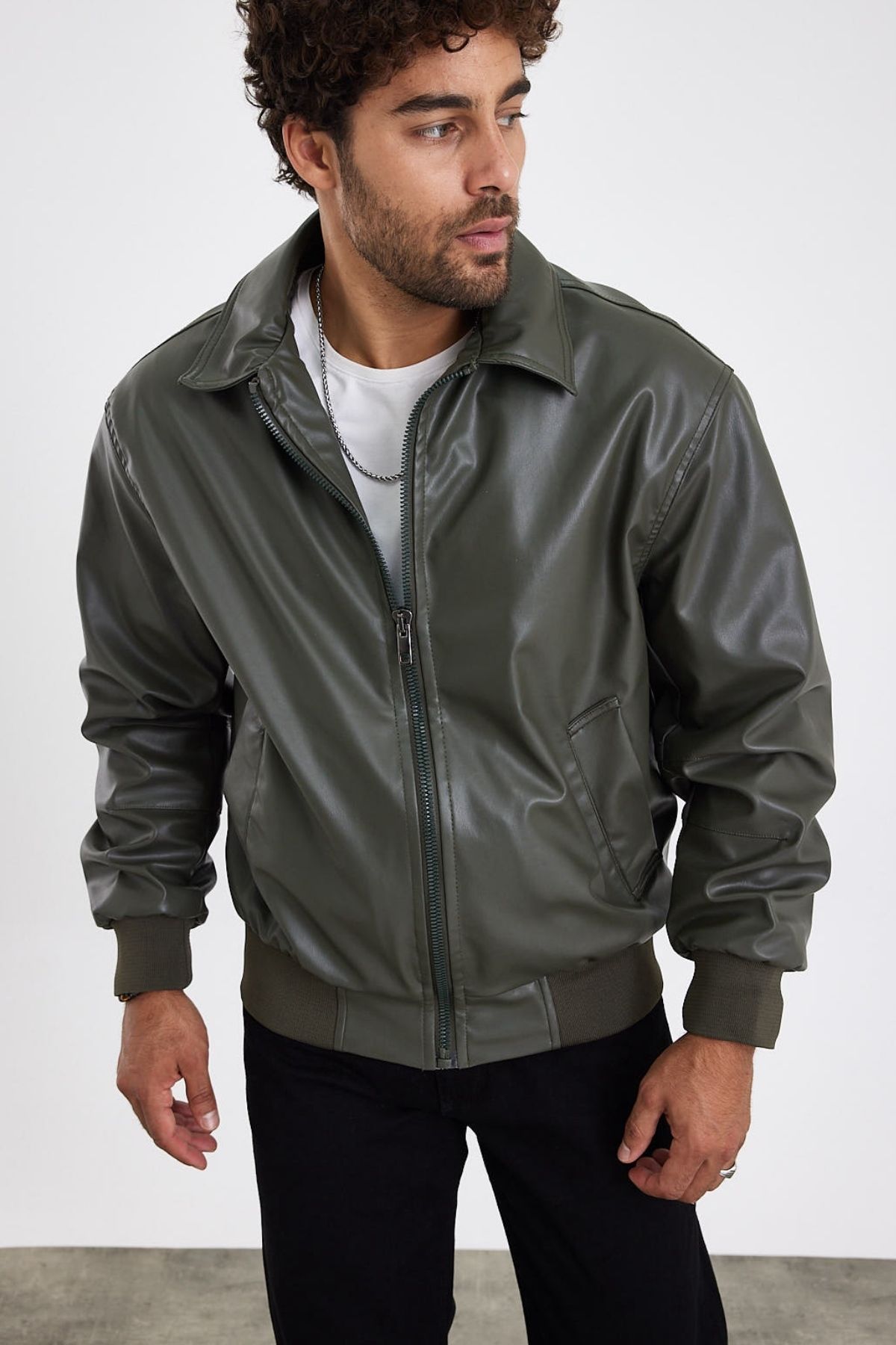 MADZEYMODA-New Season Men's Khaki Green Leather Coat Mz58529 4