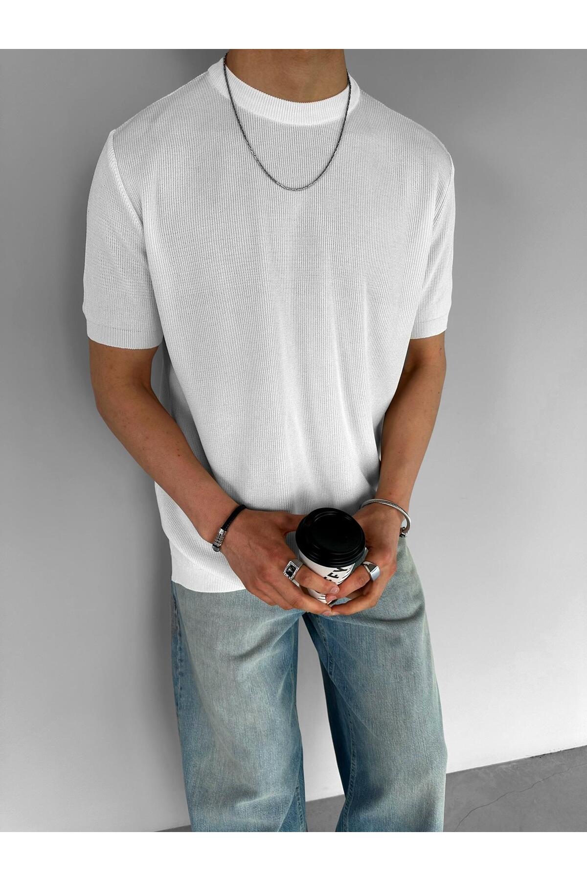 ablukaonline  Erkek Regular Fit Bisiklet Yaka Esnek Triko T-Shirt Ekru - Görsel 4