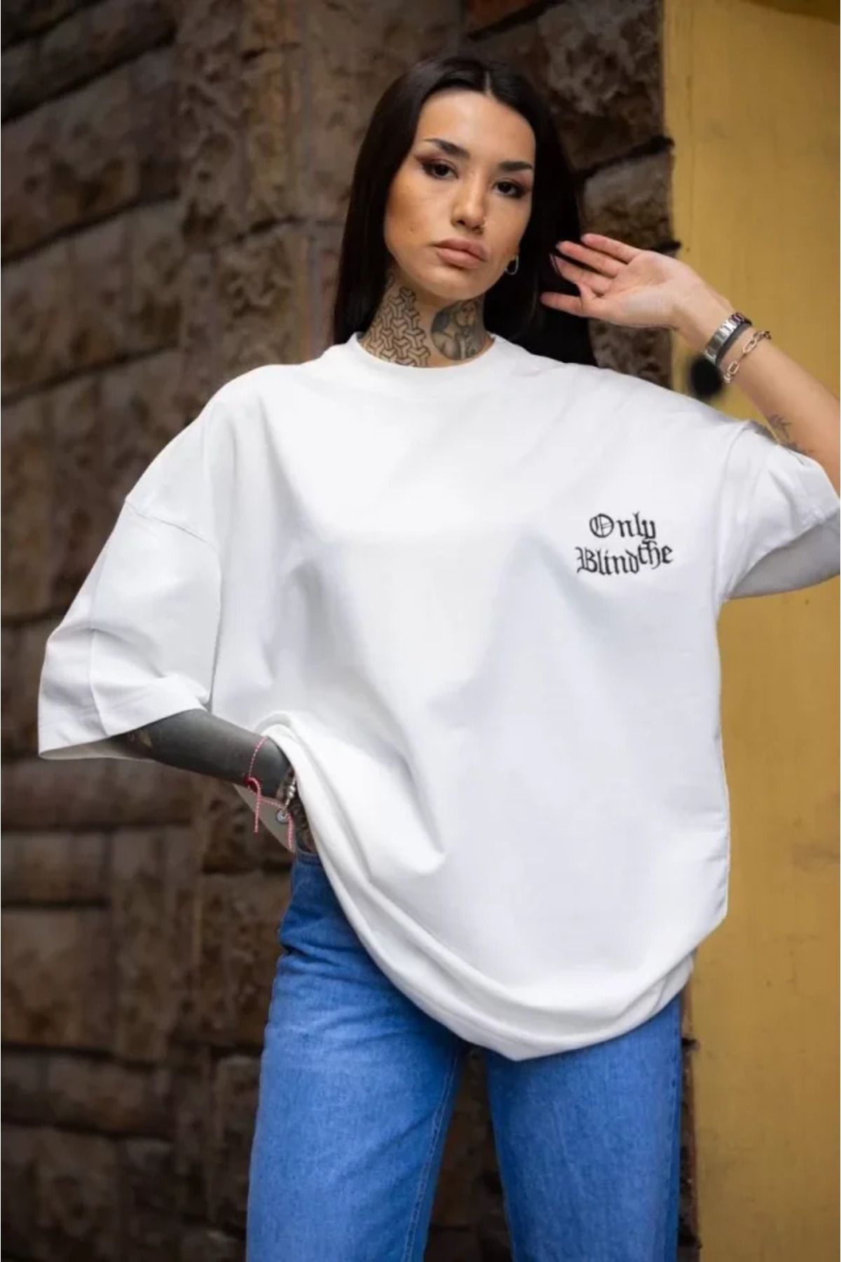 ATOM84 Unisex Bisiklet Yaka Baskılı Oversize T-Shirt - Beyaz