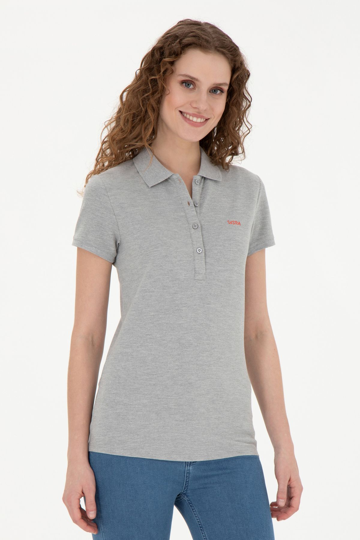 U.S. Polo Assn. Kadın Gri Melanj Basic Polo Yaka Tişört 50285846-VR086