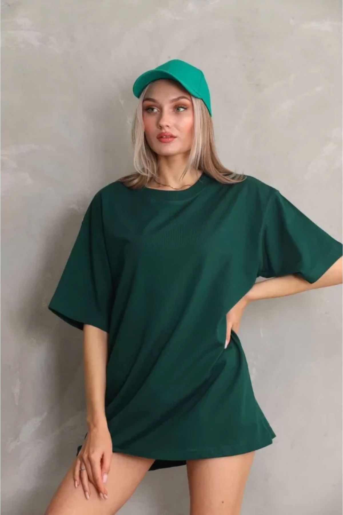 Albayrak Unisex Bisiklet Yaka 20/1 Düz Oversize T-Shirt - Yeşil