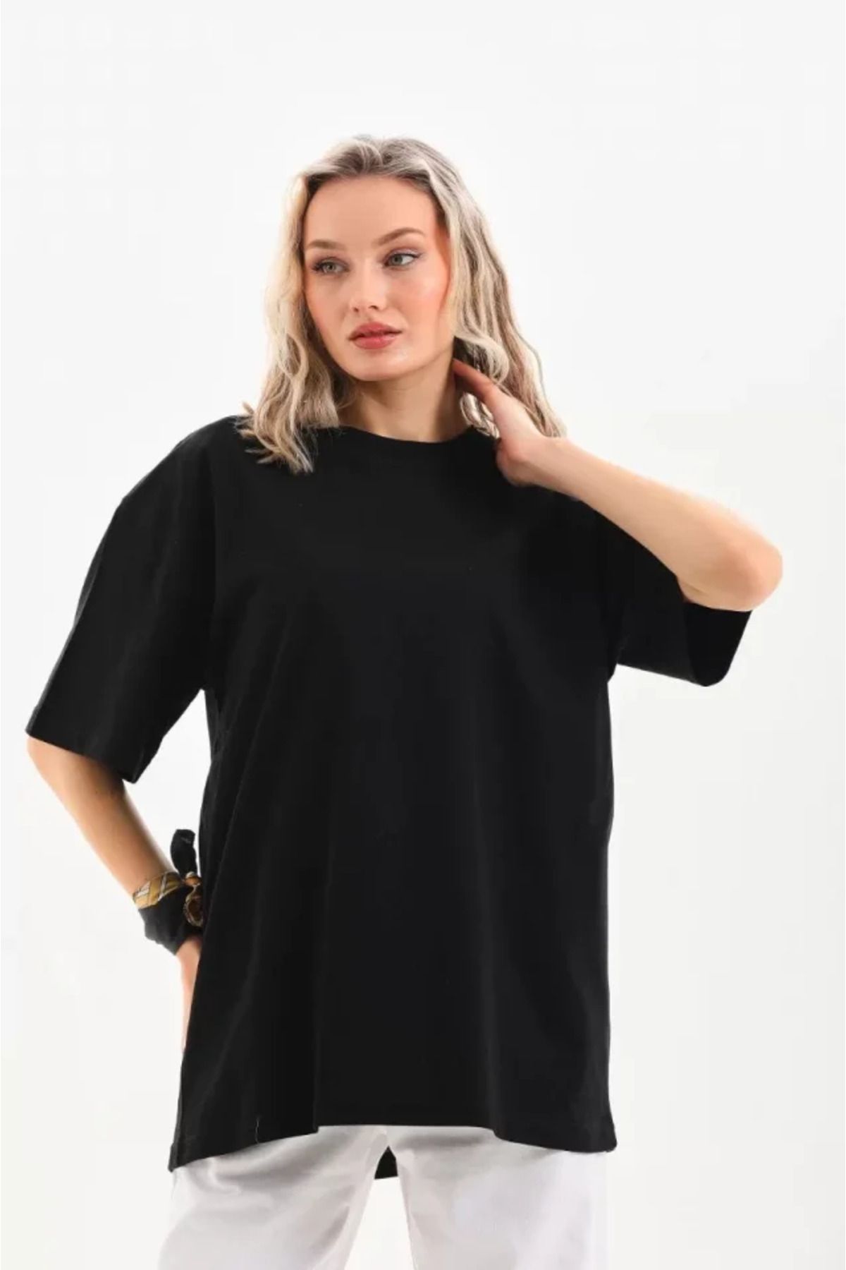 ATOM84 Unisex Bisiklet Yaka 20/1 Düz Oversize T-Shirt - Siyah