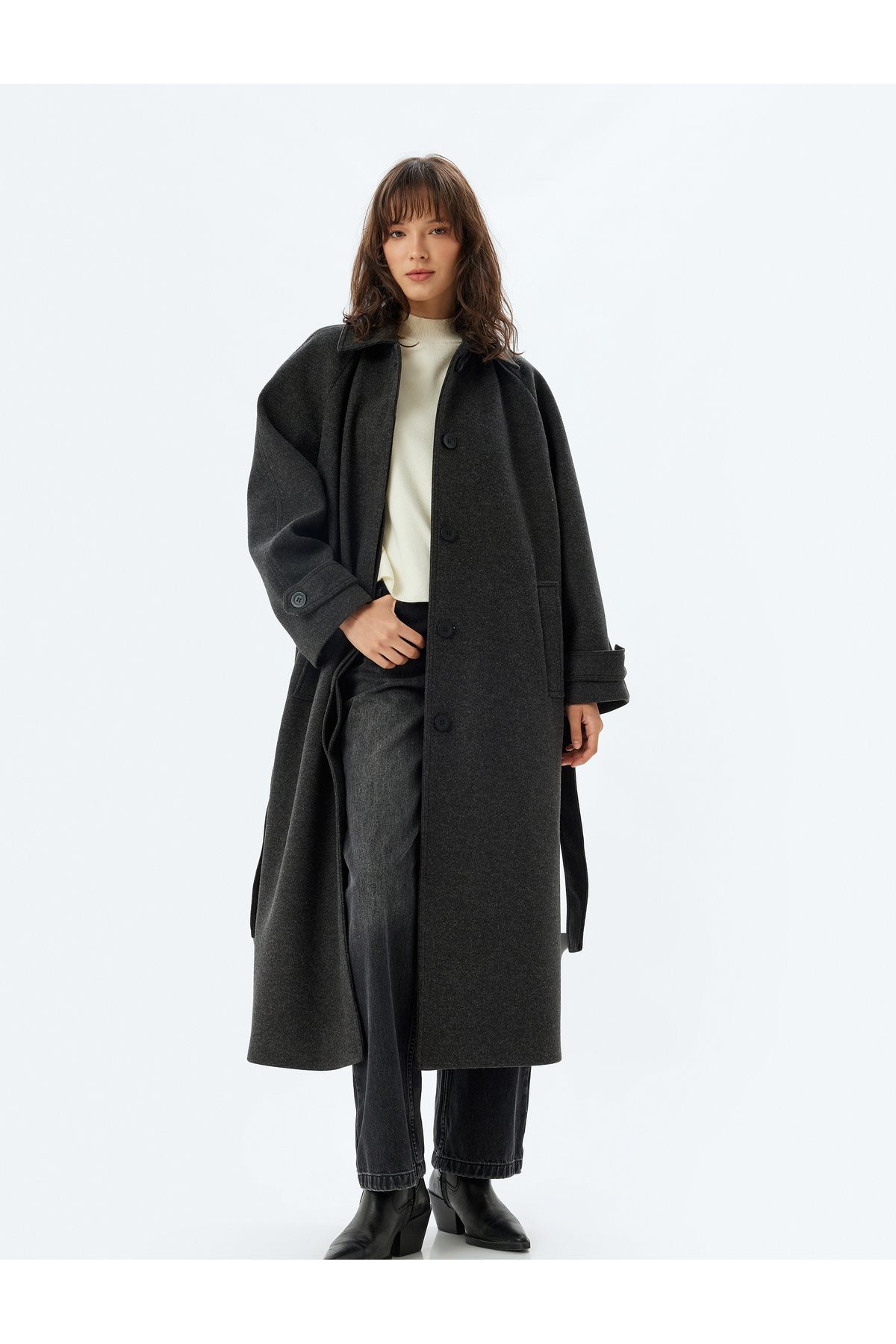 Koton-Double Breasted Extra Long Stamp Coat with Belt Detail and Pockets 2