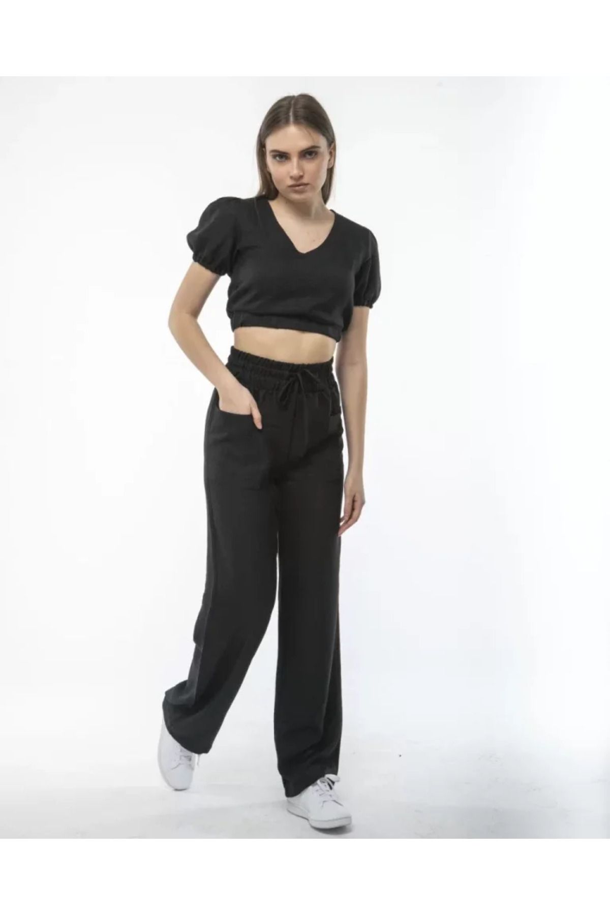 ATOM84 Kadin Keten Pantalon Ve Crop Takım - Siyah