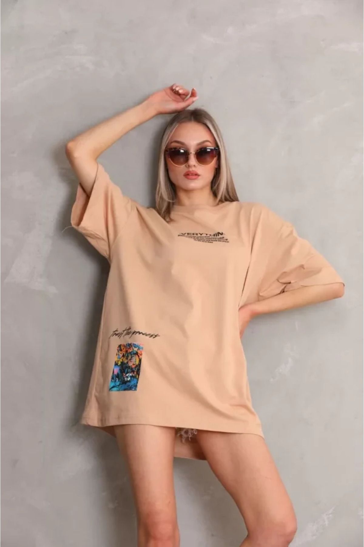 Albayrak Unisex Bisiklet Yaka Baskılı Oversize T-Shirt - Bej