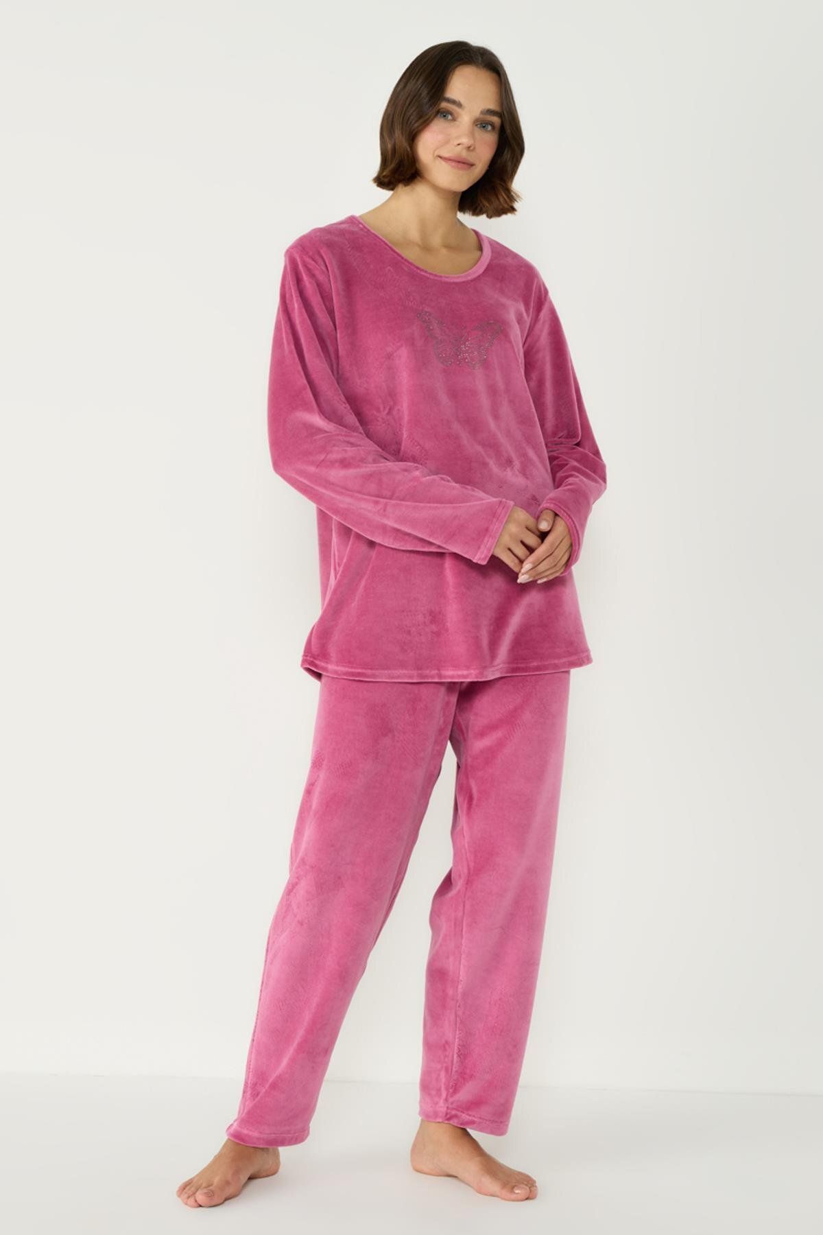 C&City-Set pijamale din catifea marime plus - decolteu, maneca lunga, cu buzunare, violet 403090 1