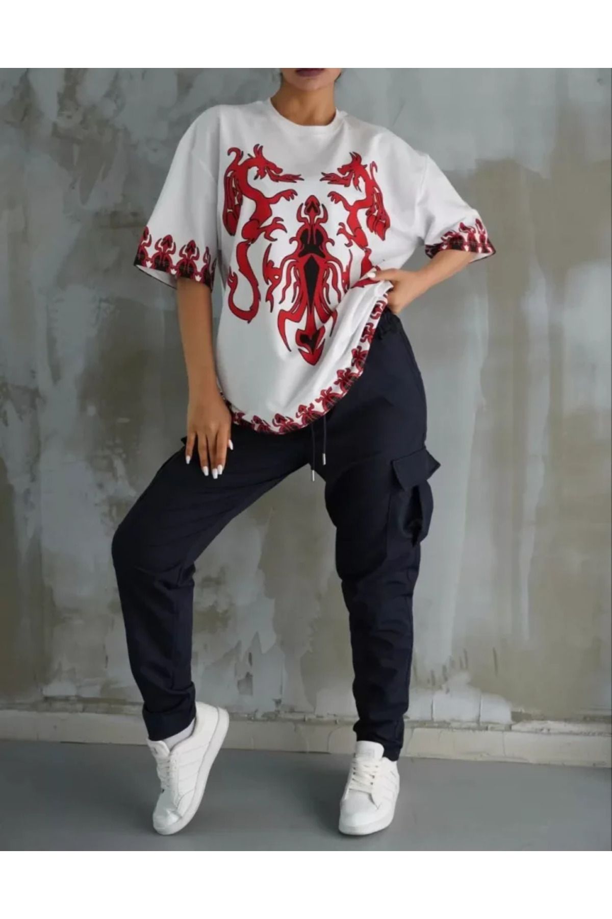 Albayrak Unisex Bisiklet Yaka Baskılı Oversize T-Shirt - Beyaz