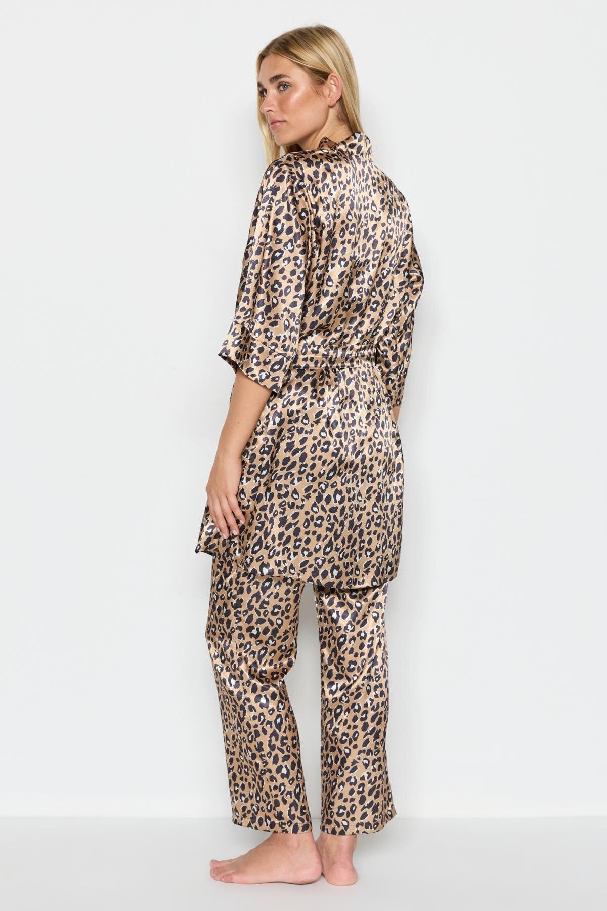 C&City-045 Gemustertes 3-teiliges Satin-Pyjama-Set für Damen Braun/Leopard 4
