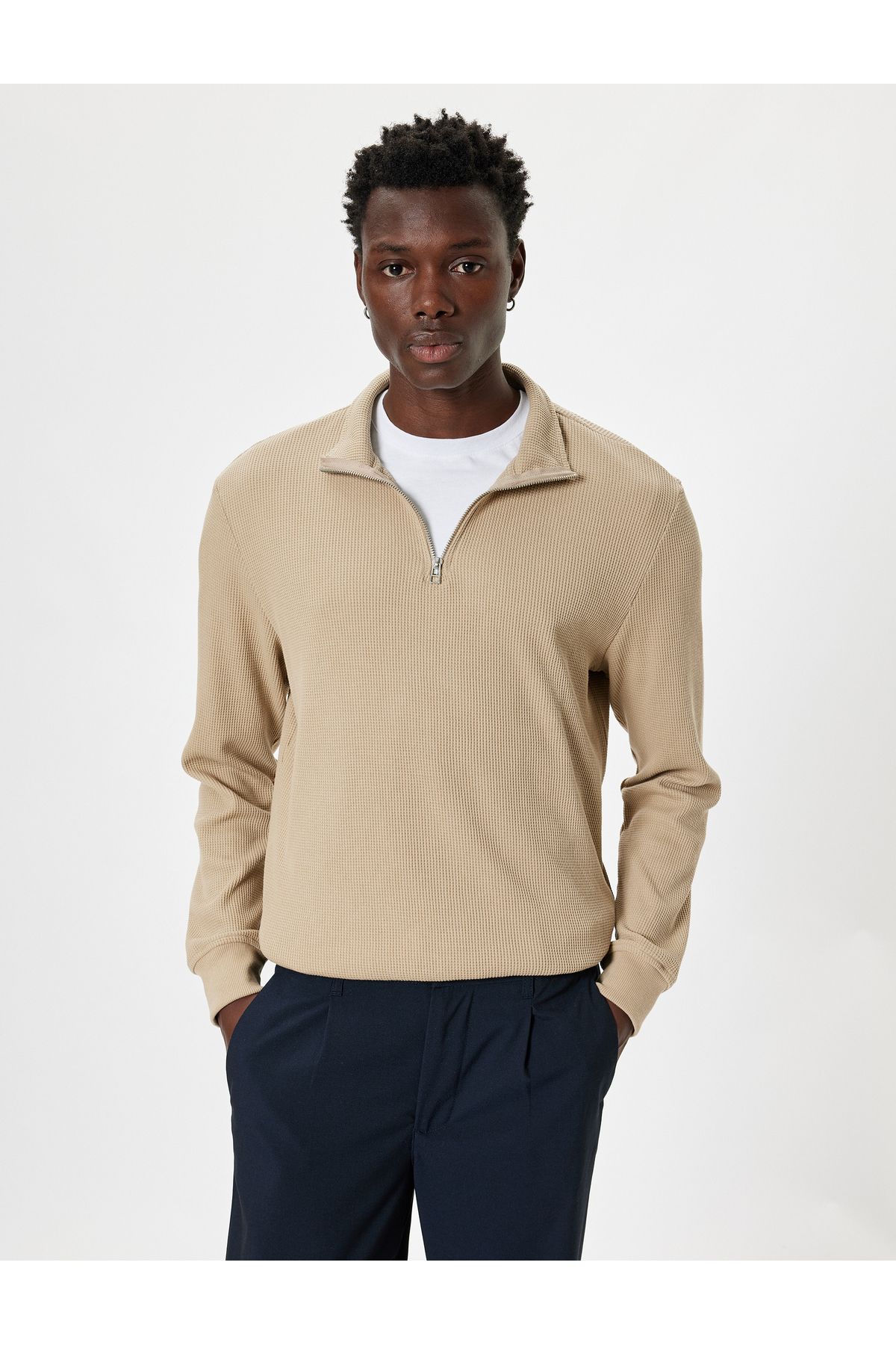 Koton-Half Zippered Stand Collar Cotton Blended Sweater 2