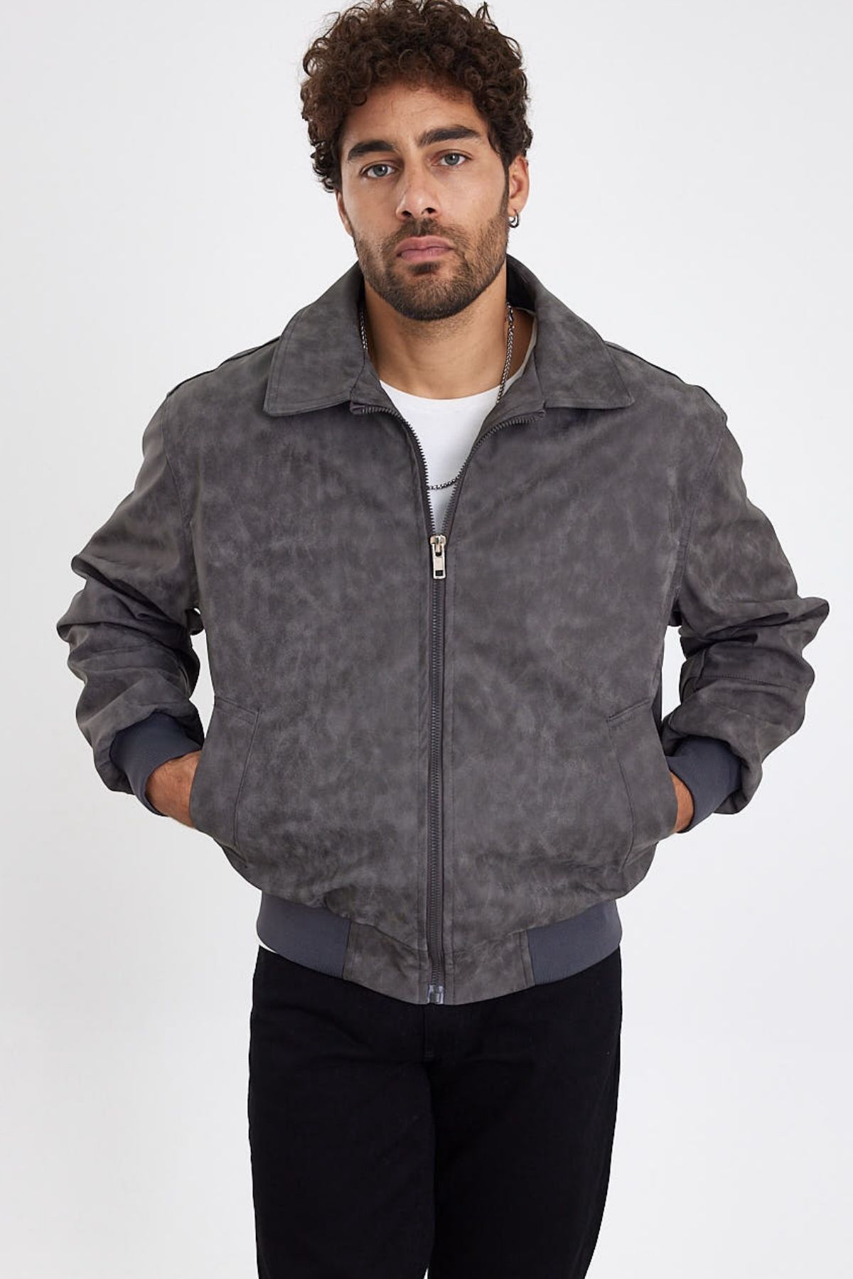 MADZEYMODA-New Season Ανδρικό πλυμένο γκρι δερμάτινο παλτό LNS58529Y 2