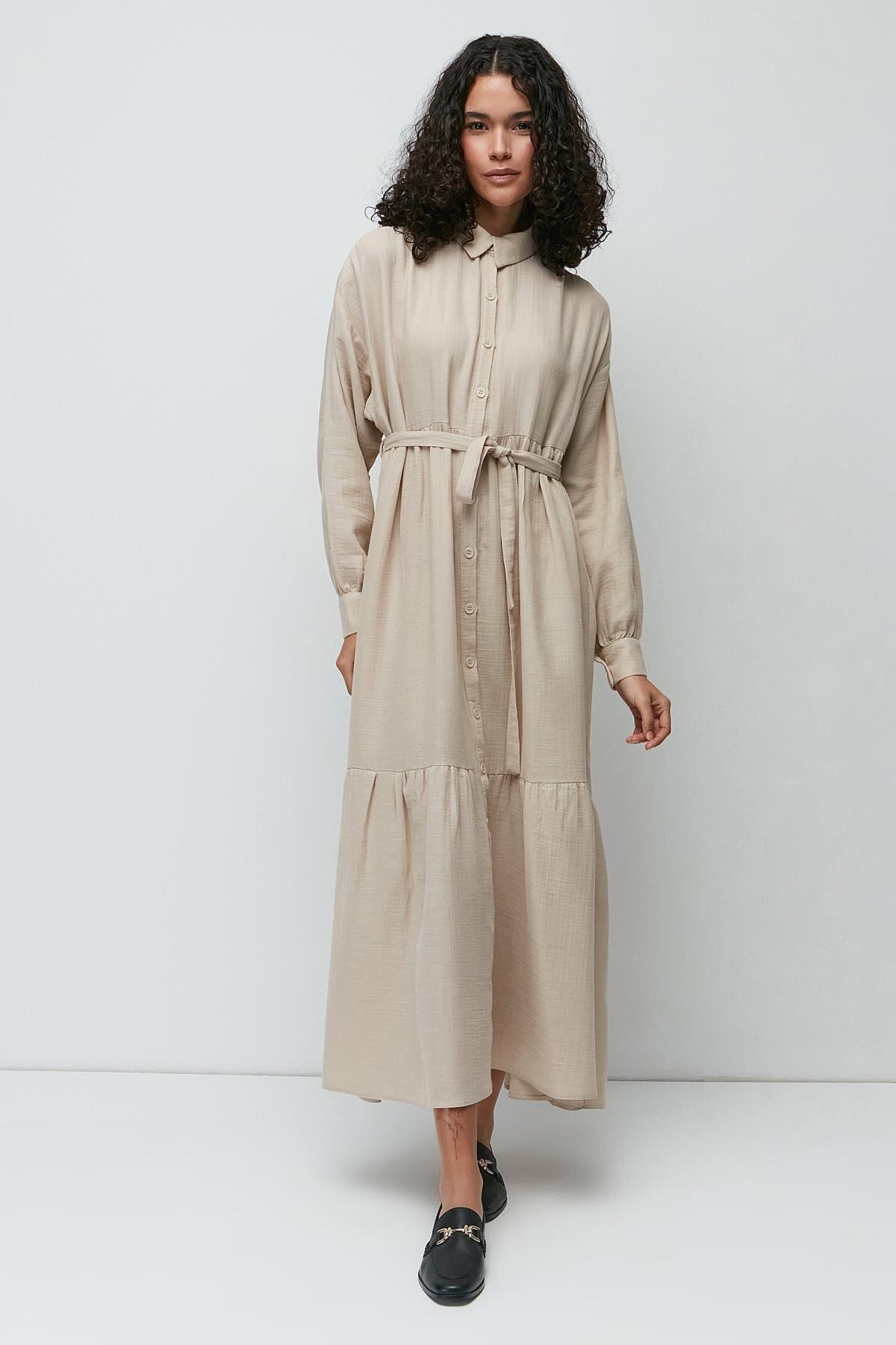 C&City-Organic Cotton Muslin Long Sleeve Dress 9128 Light Beige 1