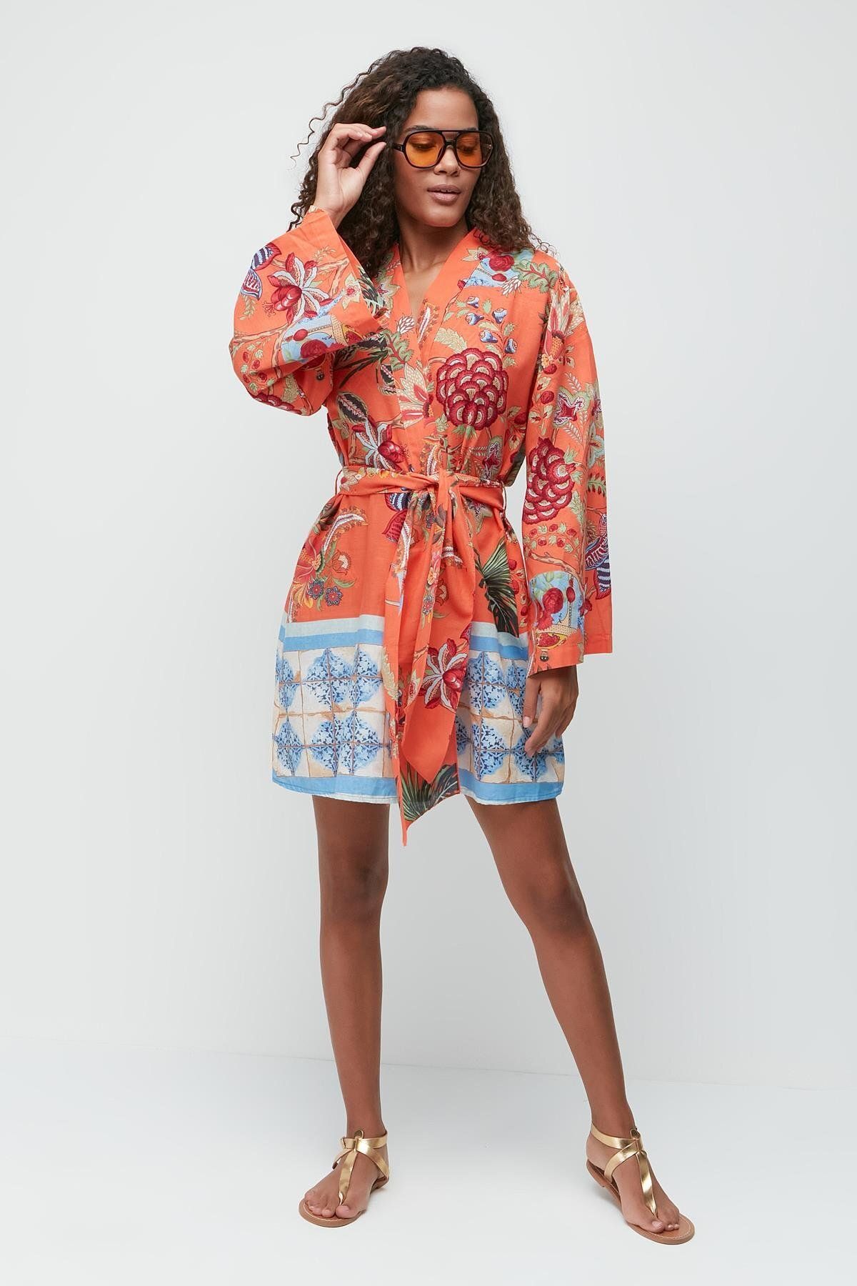 C&City-Kimono Pareo Strandkleid 22412 Orange/Grün 2