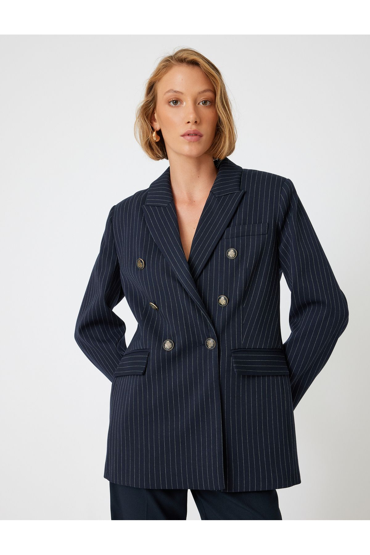 Koton-Hip-Length Covered Double-Breasted Blazer Jacket - Double Pockets and Buttons 3