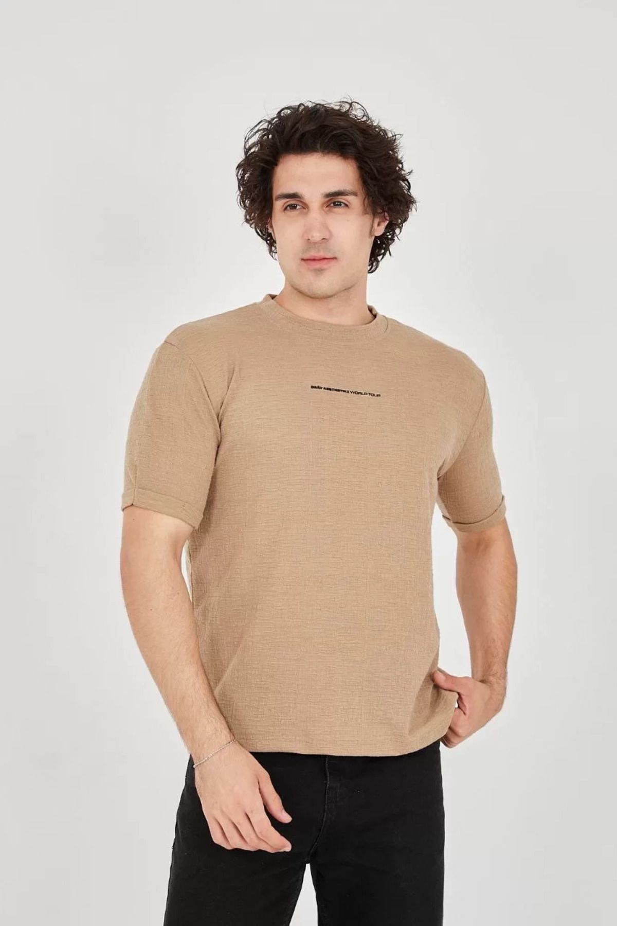 C&Z Collection Unisex Jakar Kumaş Slim Fit T-Shirt - Kahverengi