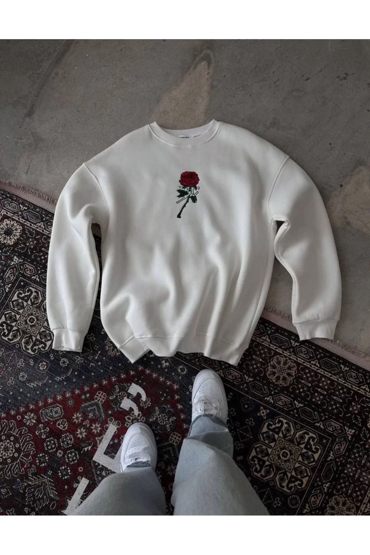 SA Alişveriş Dünyam Unisex Bisiklet Yaka Ön Ve Arka Baskılı SweatShirt - Beyaz