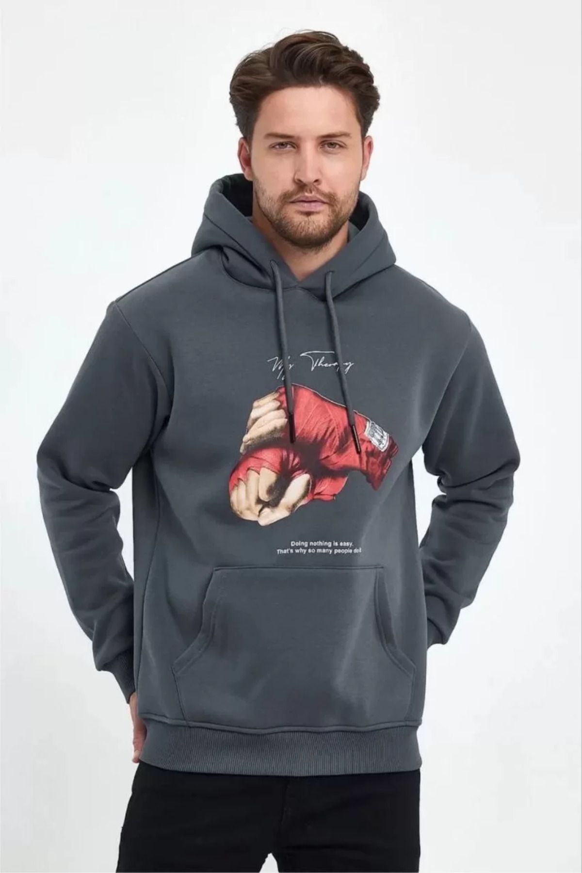 SA Alişveriş Dünyam Unisex Kapüşonlu Üç İplik Oversize Baskılı Sweatshirt - Gri
