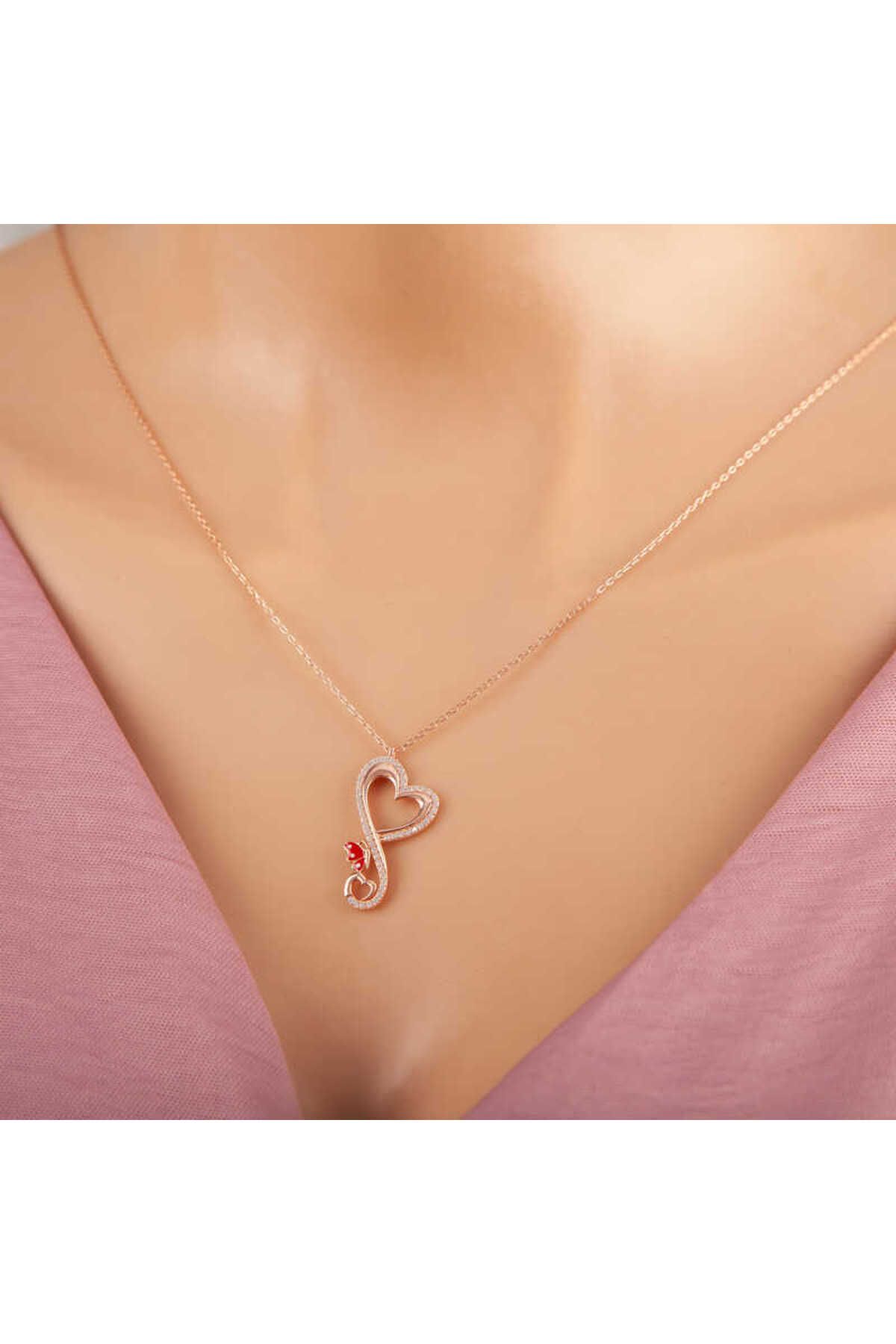 costurera Gümüş Rose Kalpli Kelebek Kadın Kolye
