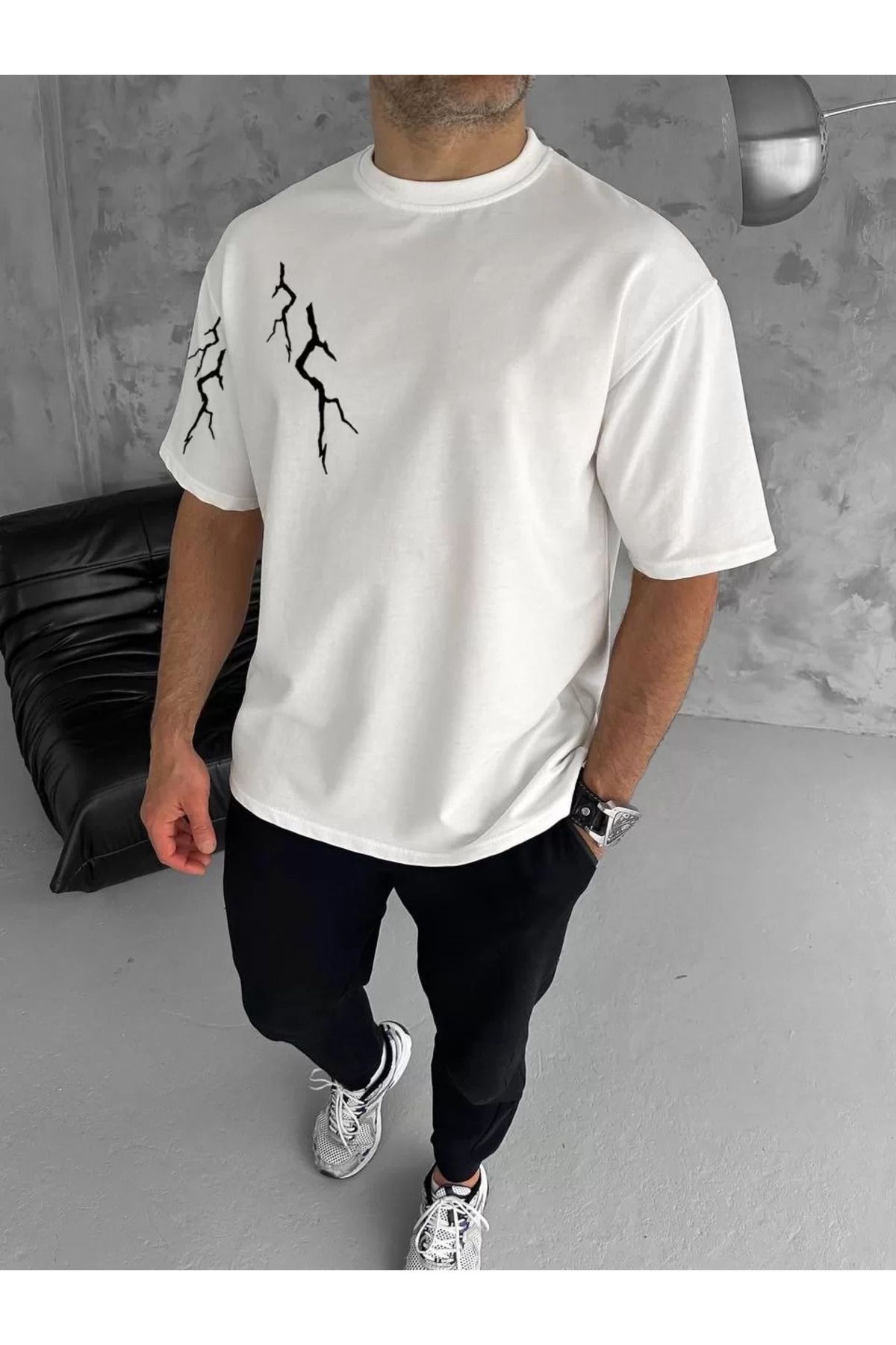 C&Z Collection Unisex Bisiklet Yaka Baskılı Oversize T-Shirt - Beyaz