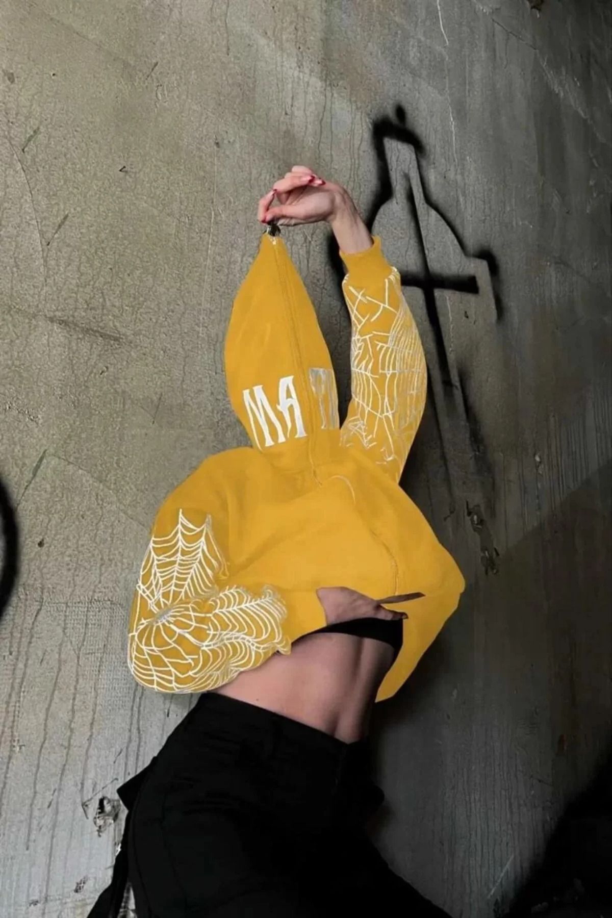 SA Alişveriş Dünyam Kadın İki İplik Örümcek Baskılı Oversize Hırka - Sarı