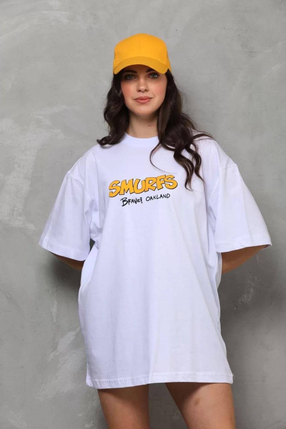 ONZEMU Unisex Bisiklet Yaka Baskılı Oversize T-Shirt - Beyaz