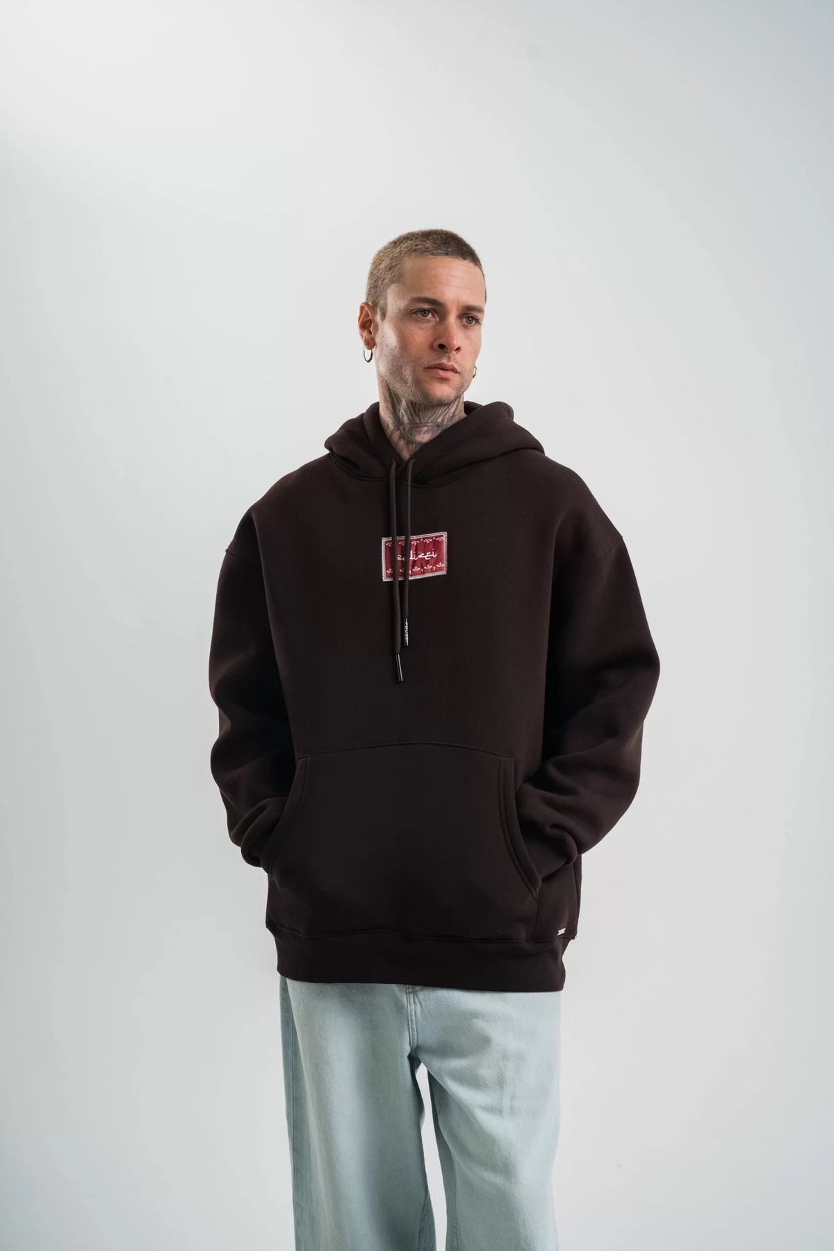 SA Alişveriş Dünyam Double Oversize Kapşonlu Dijital Patchli SweatShirt - Kahve