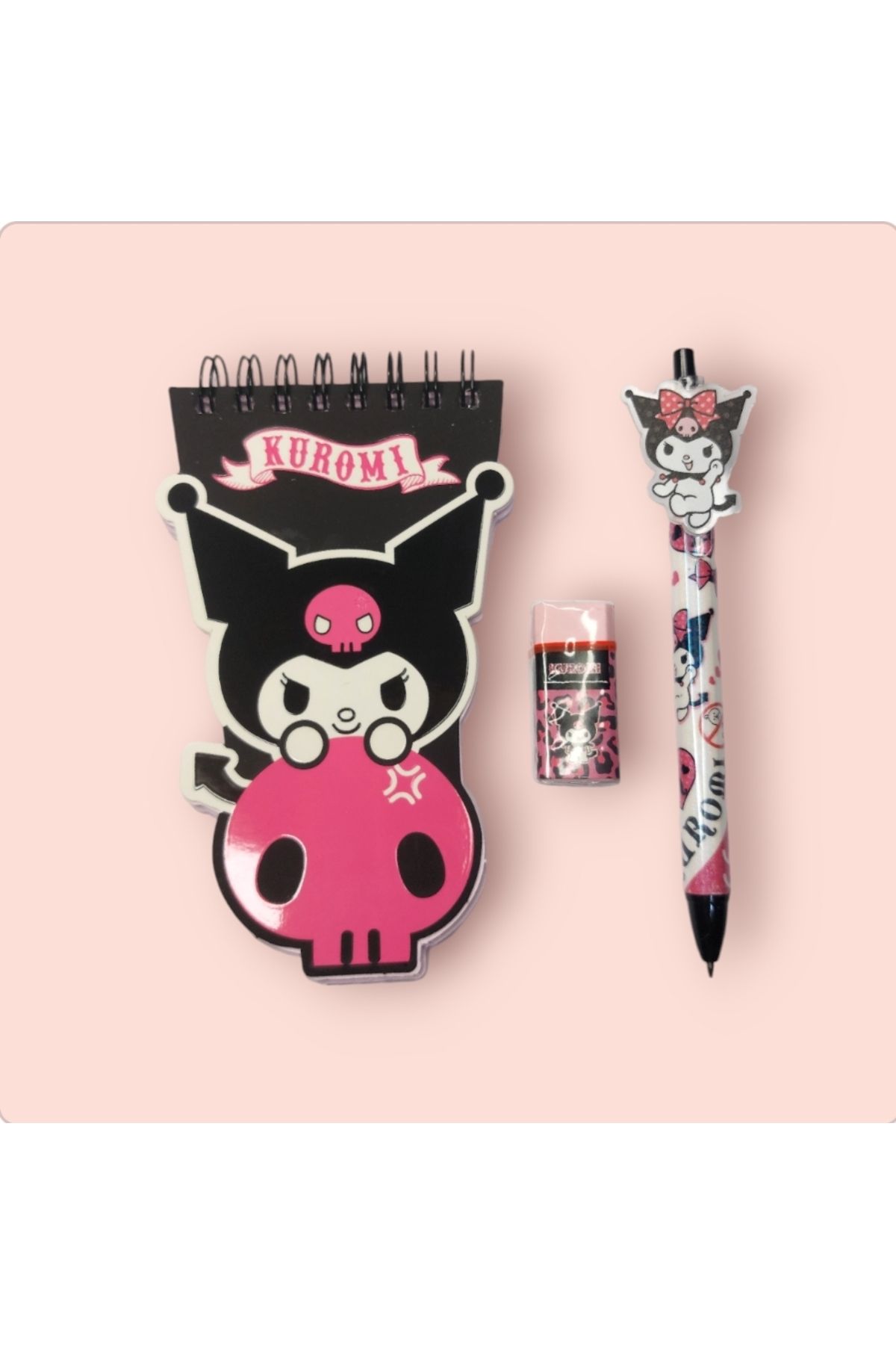 Kuromili Not Defteri Kalem Silgi Seti,Kuromi Notepad Pencil Eraser Set