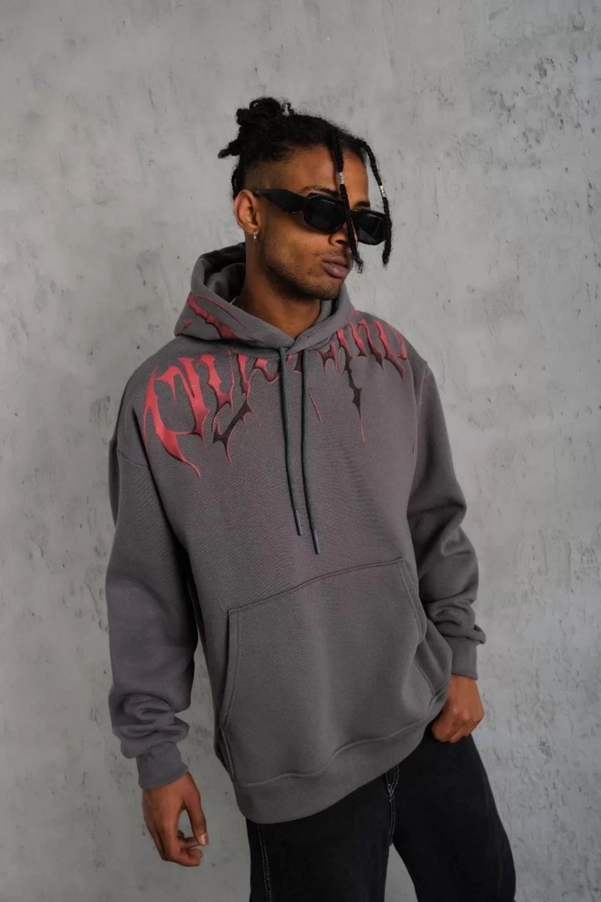 SA Alişveriş Dünyam Erkek Ön ve Arka Baskılı Kapüşonlu 3 İplik Sweatshirt - Füme