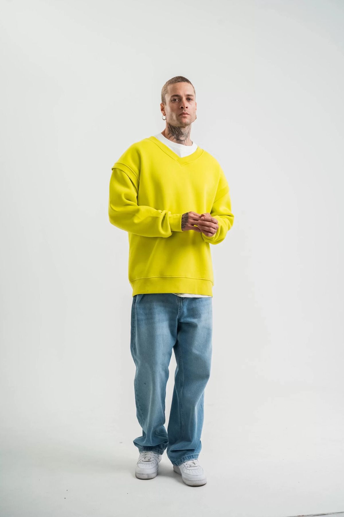 SA Alişveriş Dünyam Geniş V yaka Kol Ribana Detaylı SweatShirt - Sarı