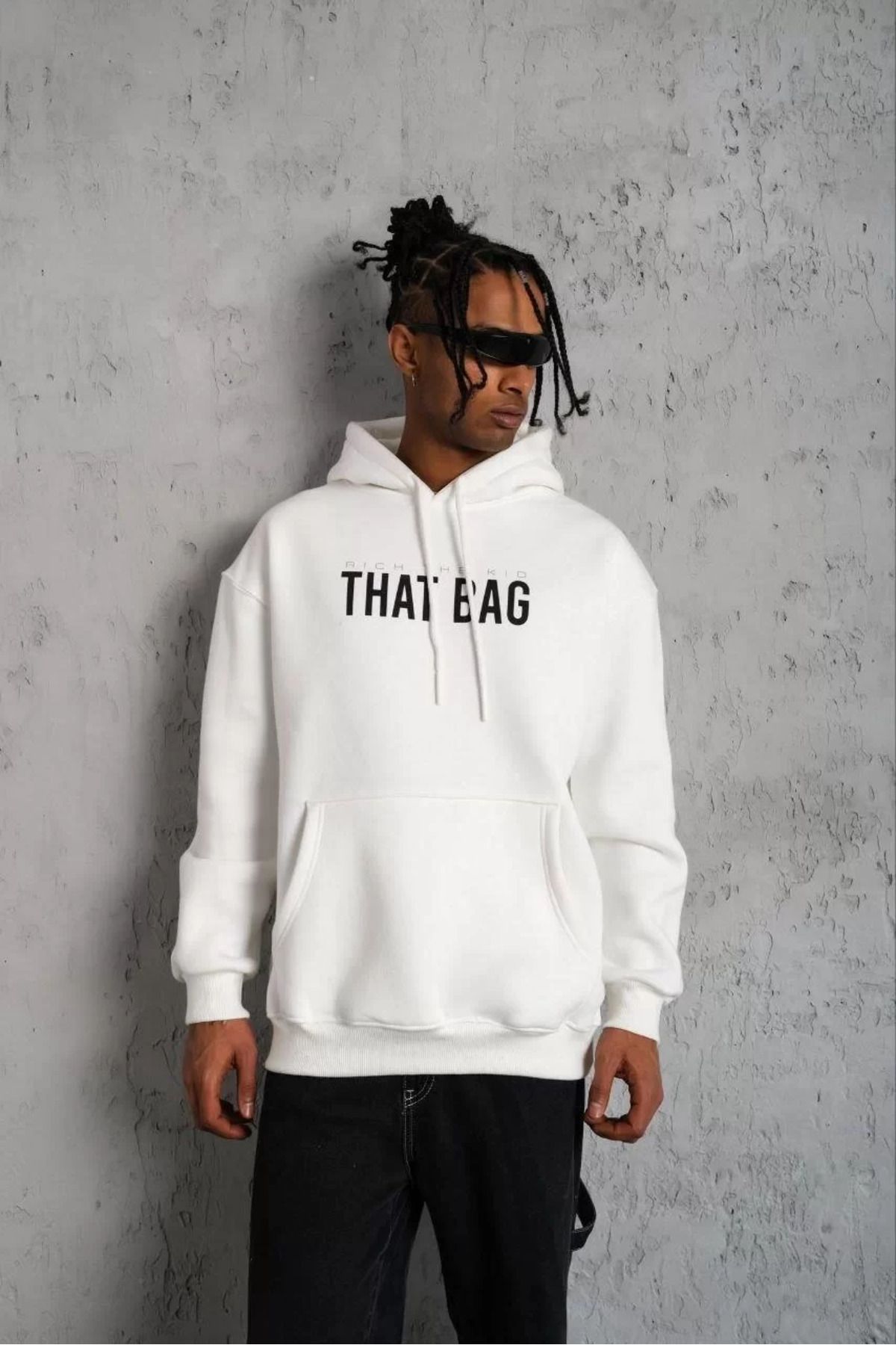 SA Alişveriş Dünyam Erkek Kanguru Cep Baskılı Kapüşonlu Sweatshirt - Beyaz