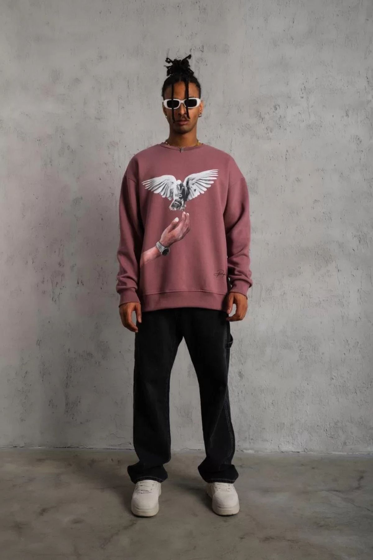 SA Alişveriş Dünyam Erkek Güvercin Baskılı Sweatshirt - Gül Kurusu