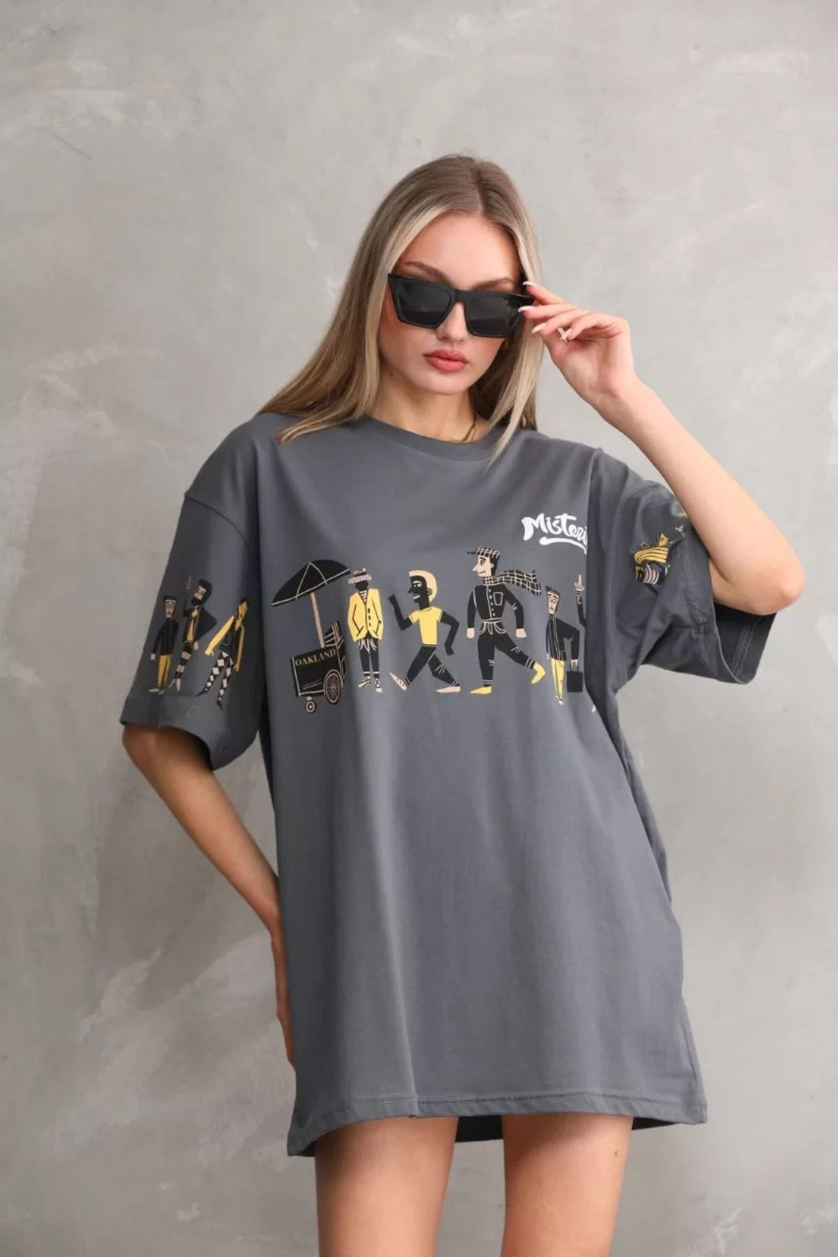 ONZEMU Unisex Bisiklet Yaka Baskılı Oversize T-Shirt - Gri