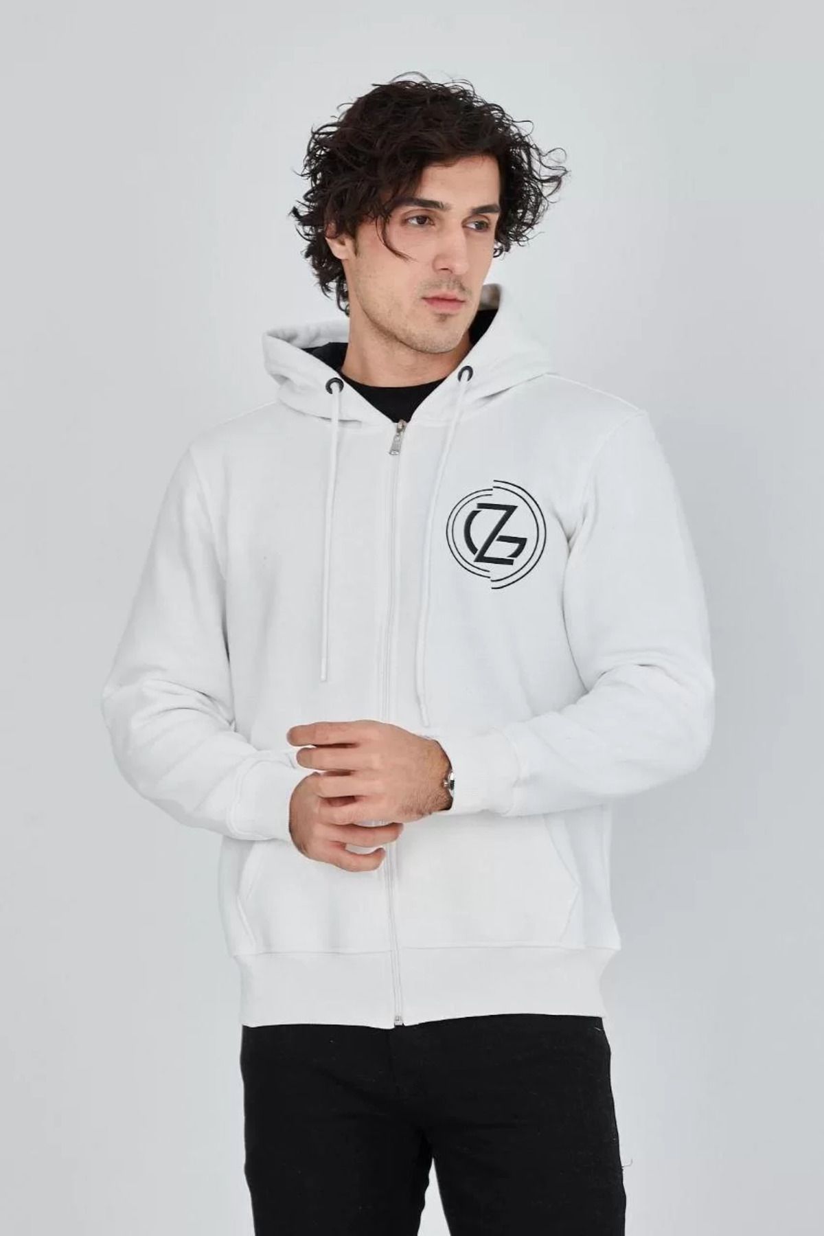C&Z Collection Erkek Kapüşonlu Baskılı Fermuarlı Hırka - Beyaz