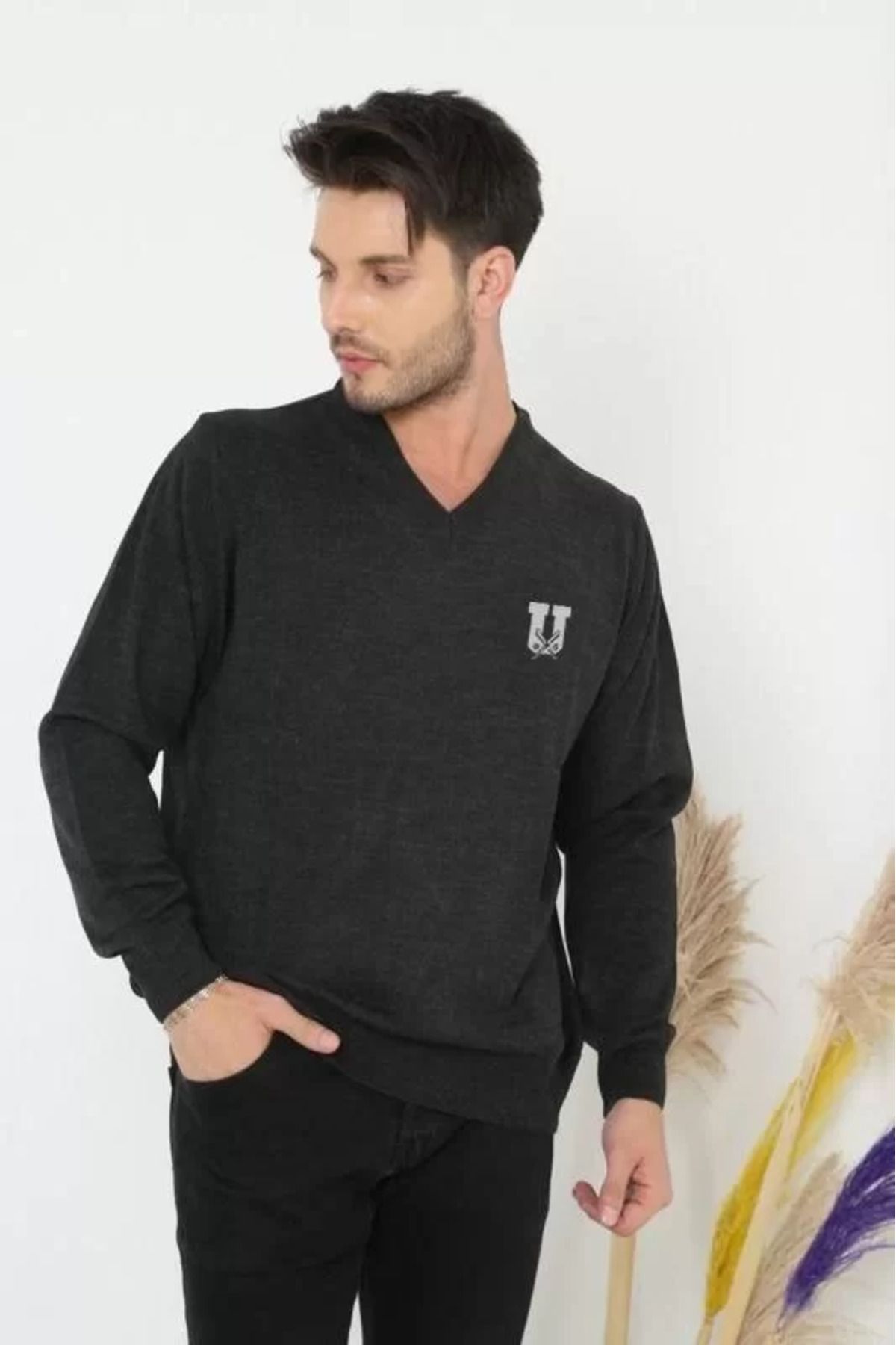 C&Z Collection Baskılı V Yaka Uzun Kol Dokuma Triko - Füme