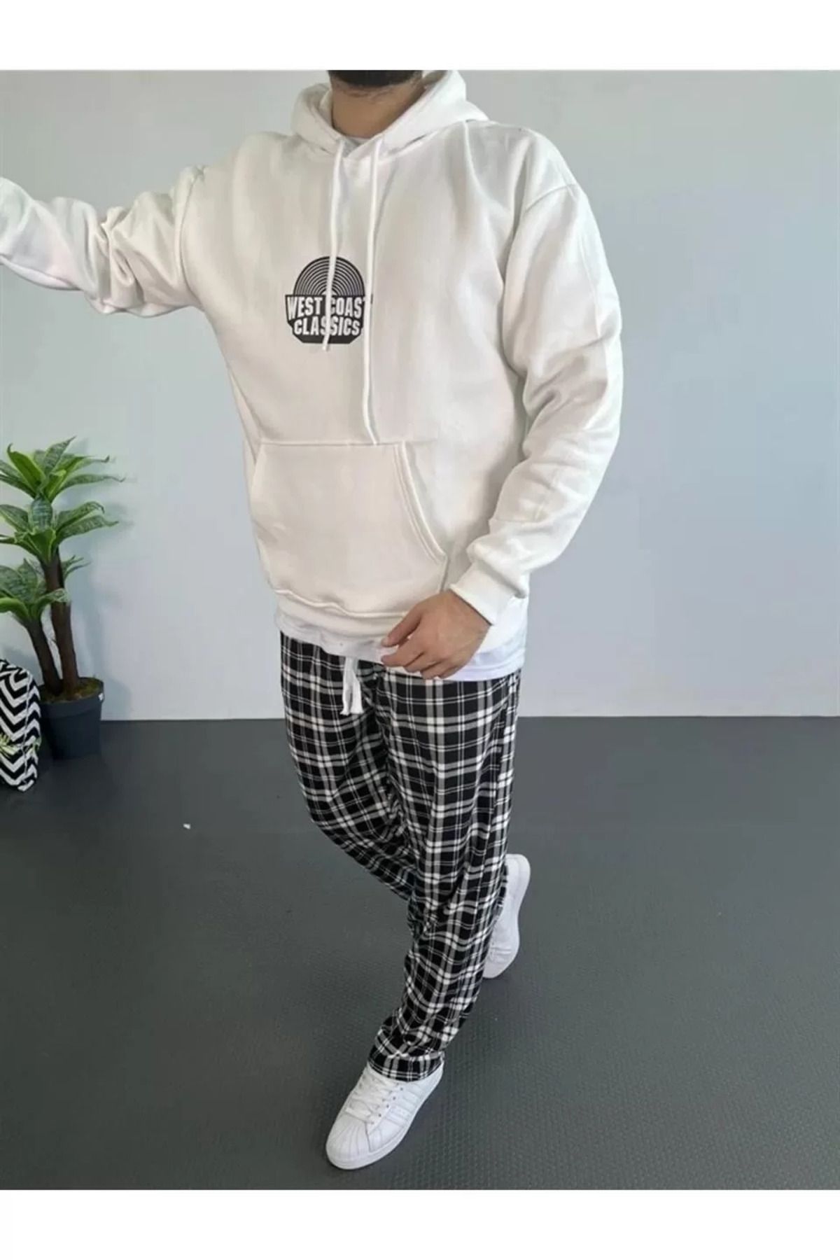 SA Alişveriş Dünyam Erkek Baskılı Üç İplik Kapüşonlu Oversize Sweatshirt - Beyaz