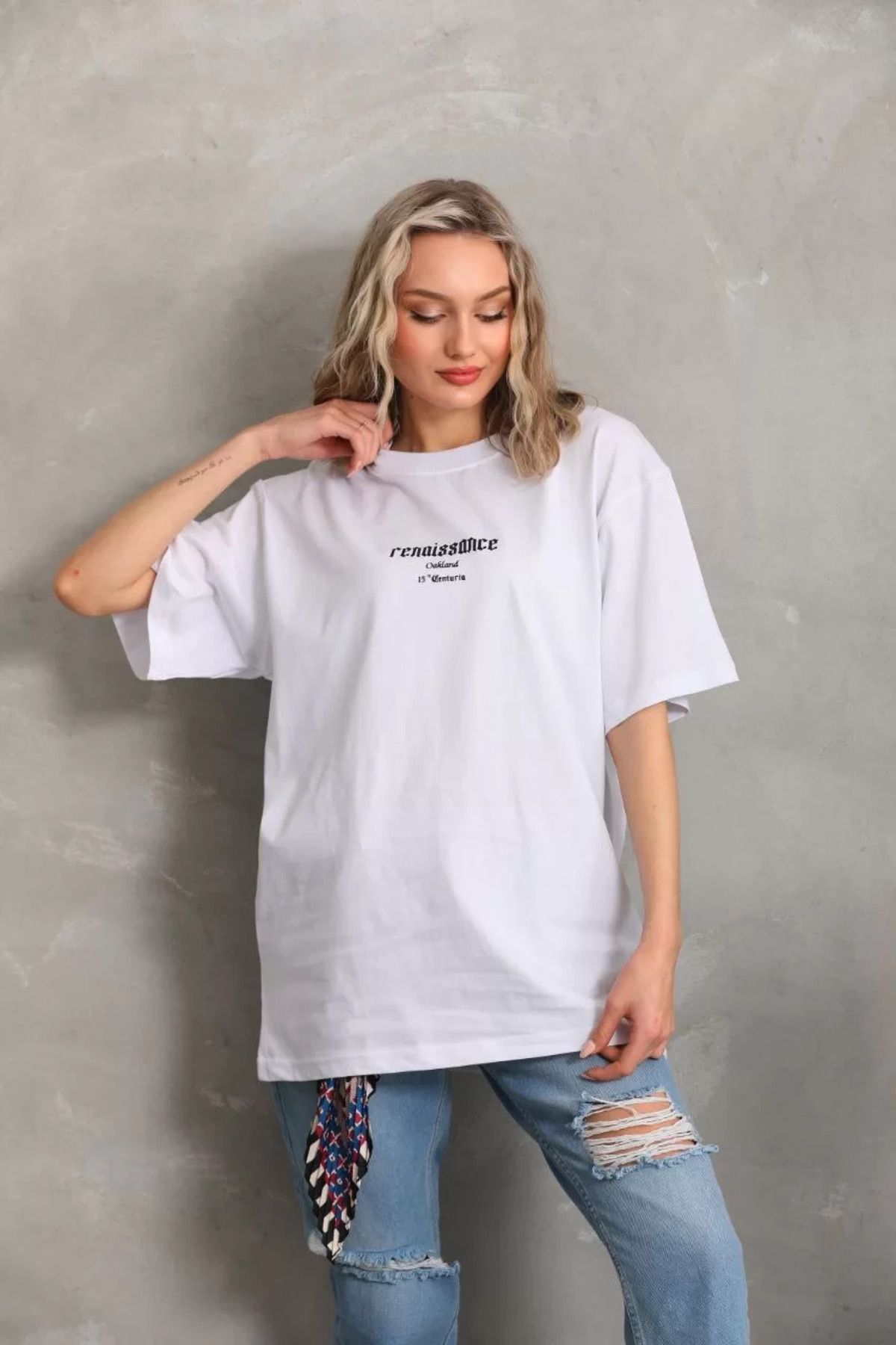 ONZEMU Unisex Baskılı Oversize T-Shirt - Beyaz