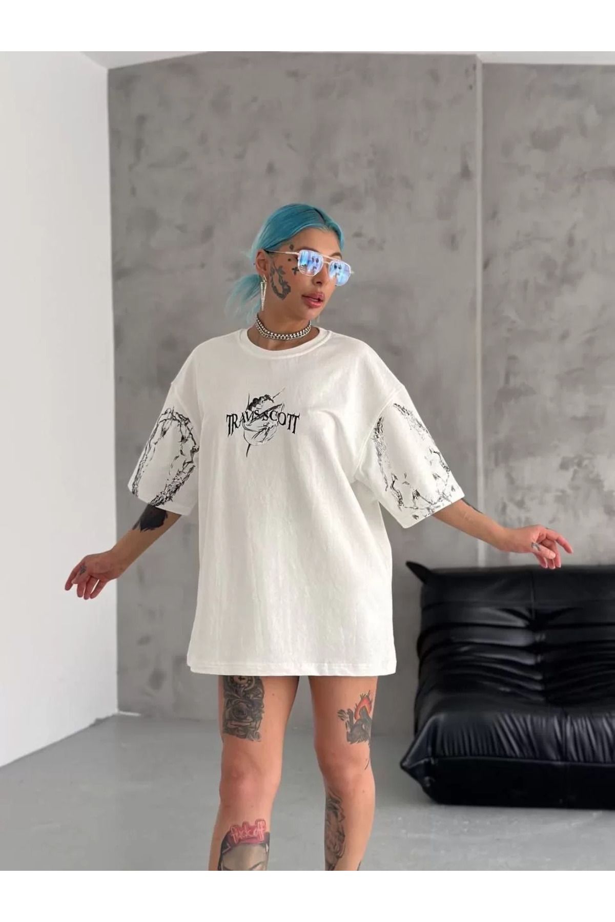 ONZEMU Unisex Bisiklet Yaka Baskılı Oversize T-Shirt - Beyaz