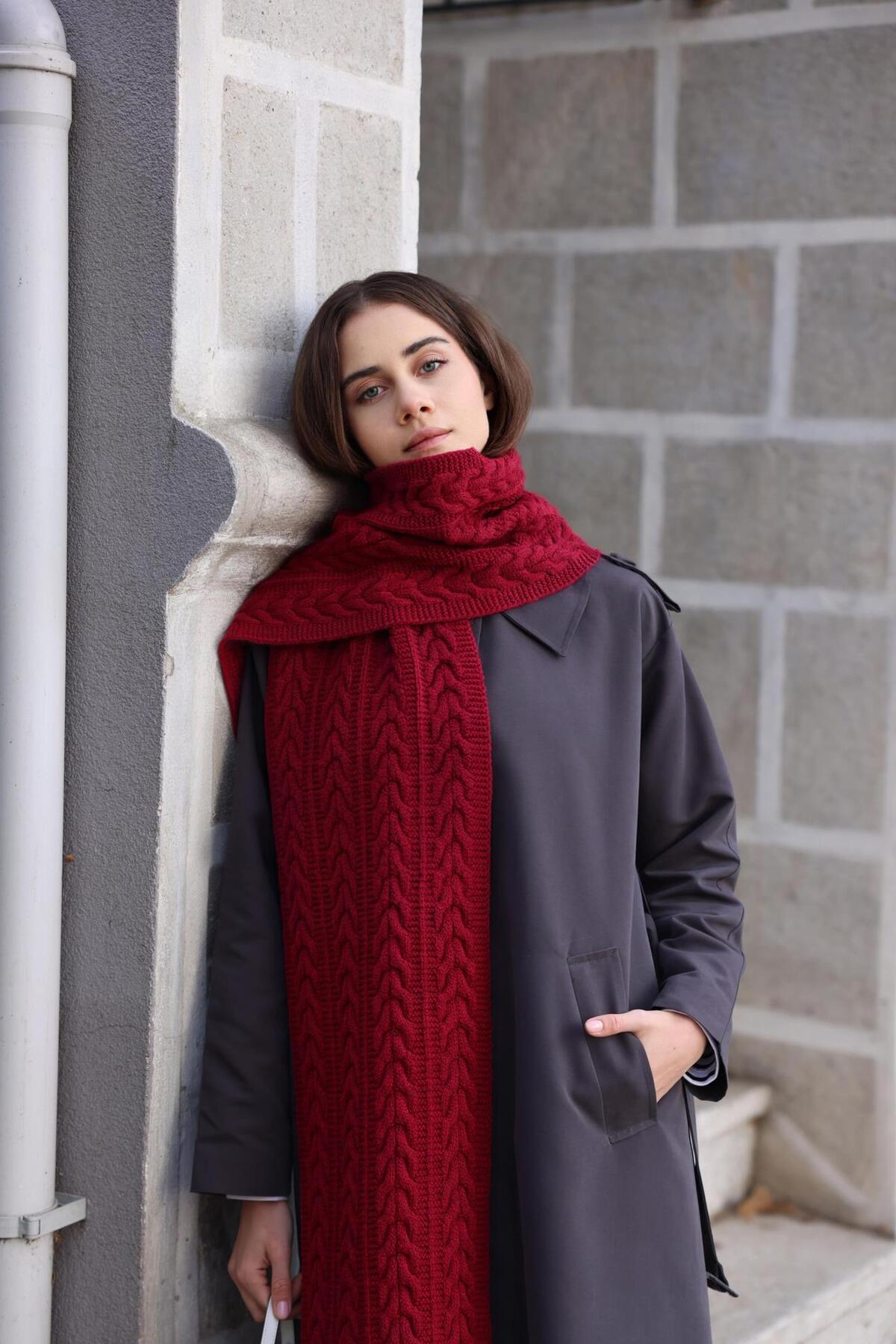 Fahhar Saç Örgü Atkı Kırmızı görsel 5