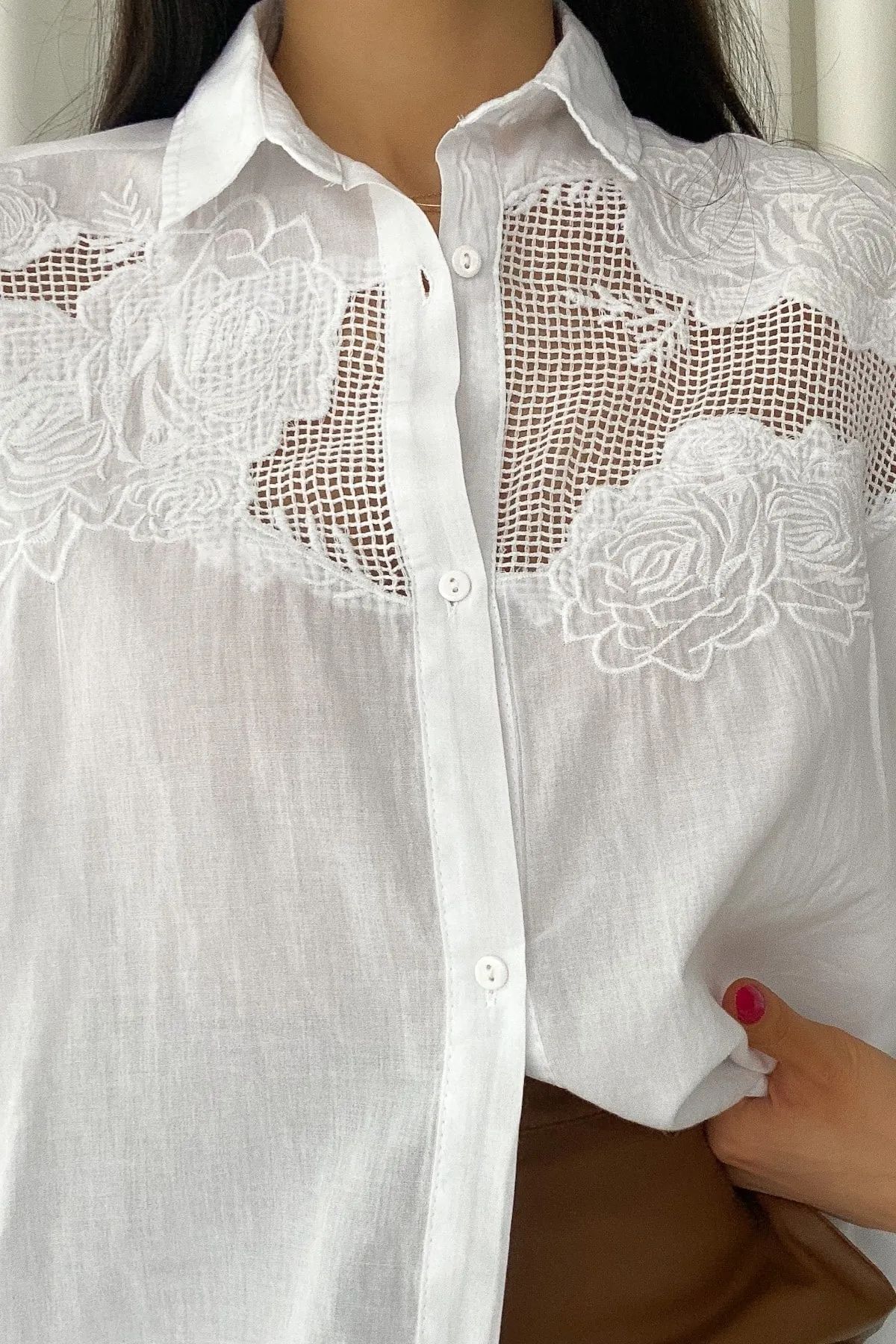 FURKAN EXCLUSIVE-Women's White Rose Embroidery Oversize 100% Cotton Thin Shirt 3