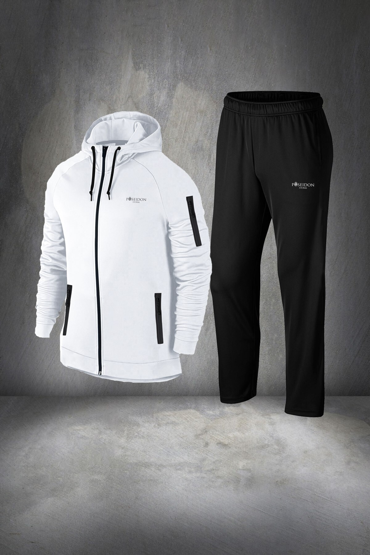 پوزایدون استورم ست کامل ورزشی مردانه سفید سوپرا، نخی شانه شده، ضد تعریق، کلاه دار، زیپ دار، بالاتنه، پایین تنه، سایز S تا 3XL