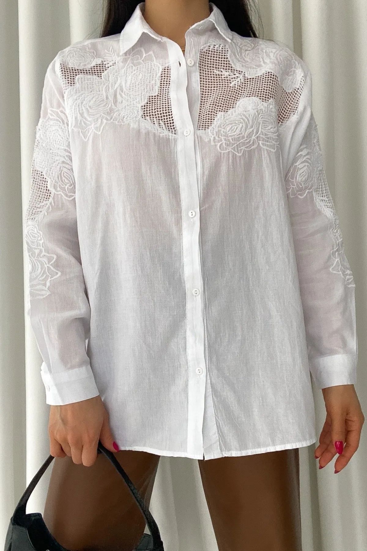FURKAN EXCLUSIVE-Women's White Rose Embroidery Oversize 100% Cotton Thin Shirt 1
