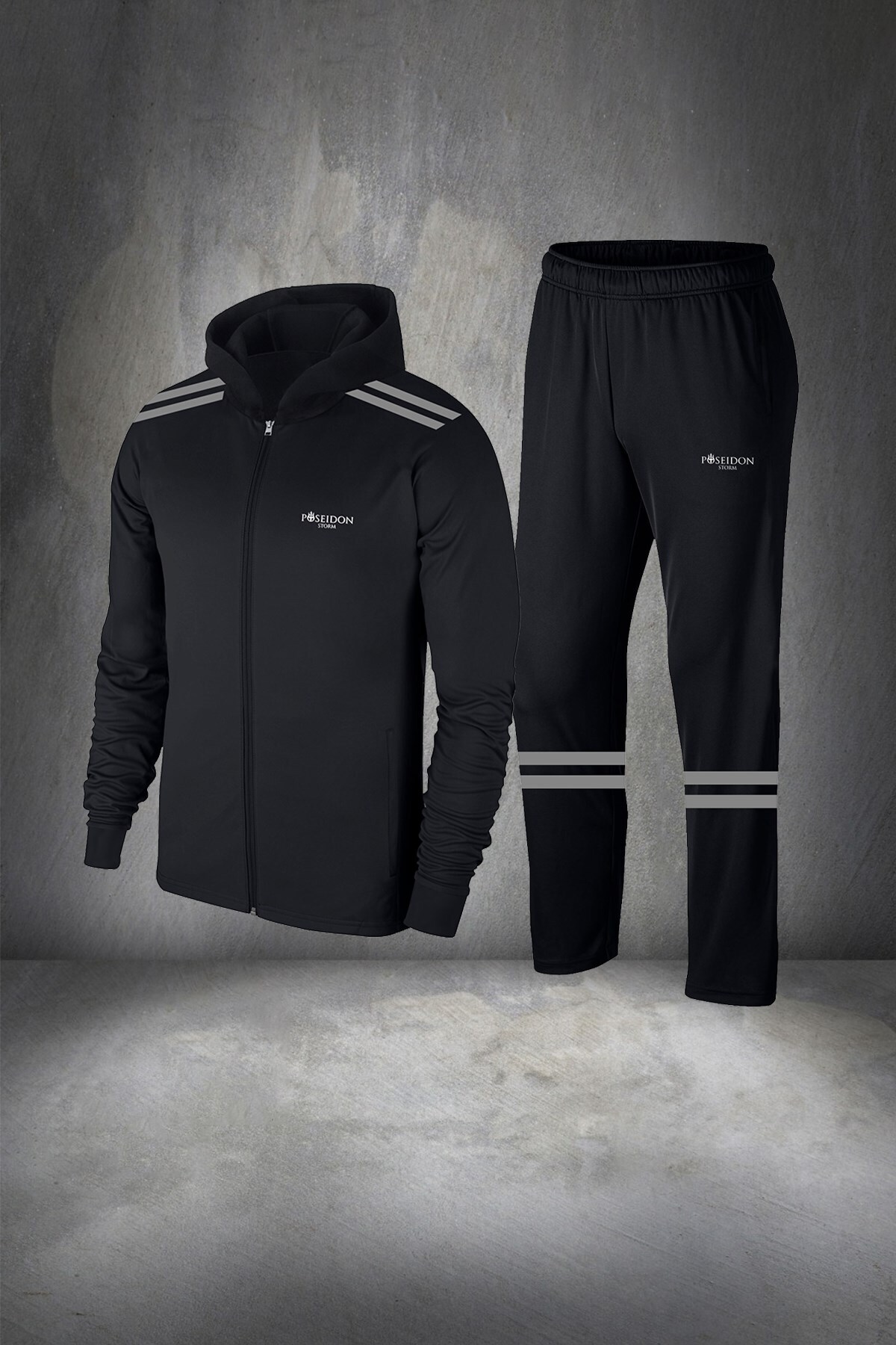 POSEIDON STORM Büyük Beden Erkek Siyah Özel Supra Penye Fermuarlı Cepli Rahat Spor Eşofman Takımı 4XL-10XL